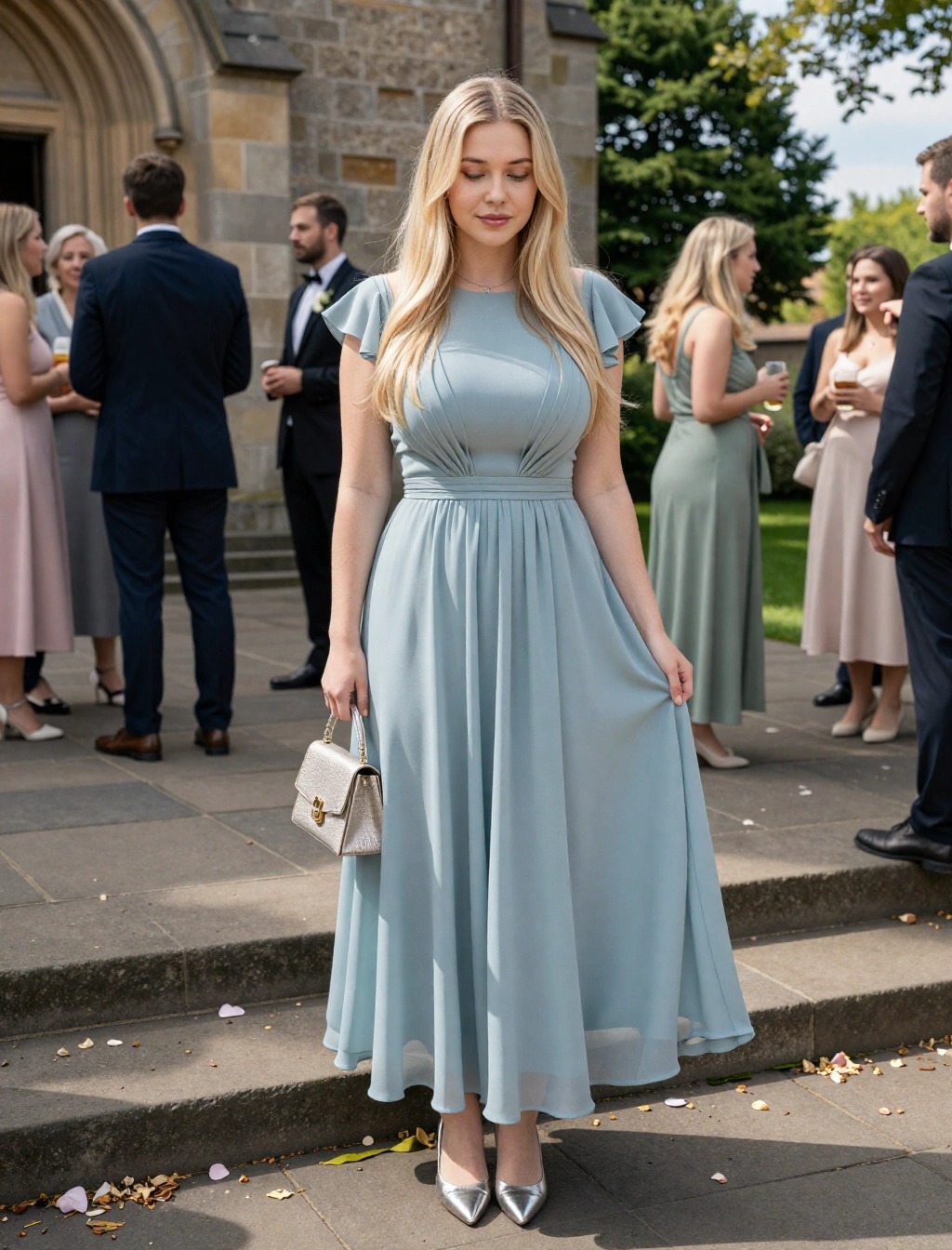 Abito midi celeste polvere con maniche a volant, idea look sobrio per invitata a comunione primavera estate