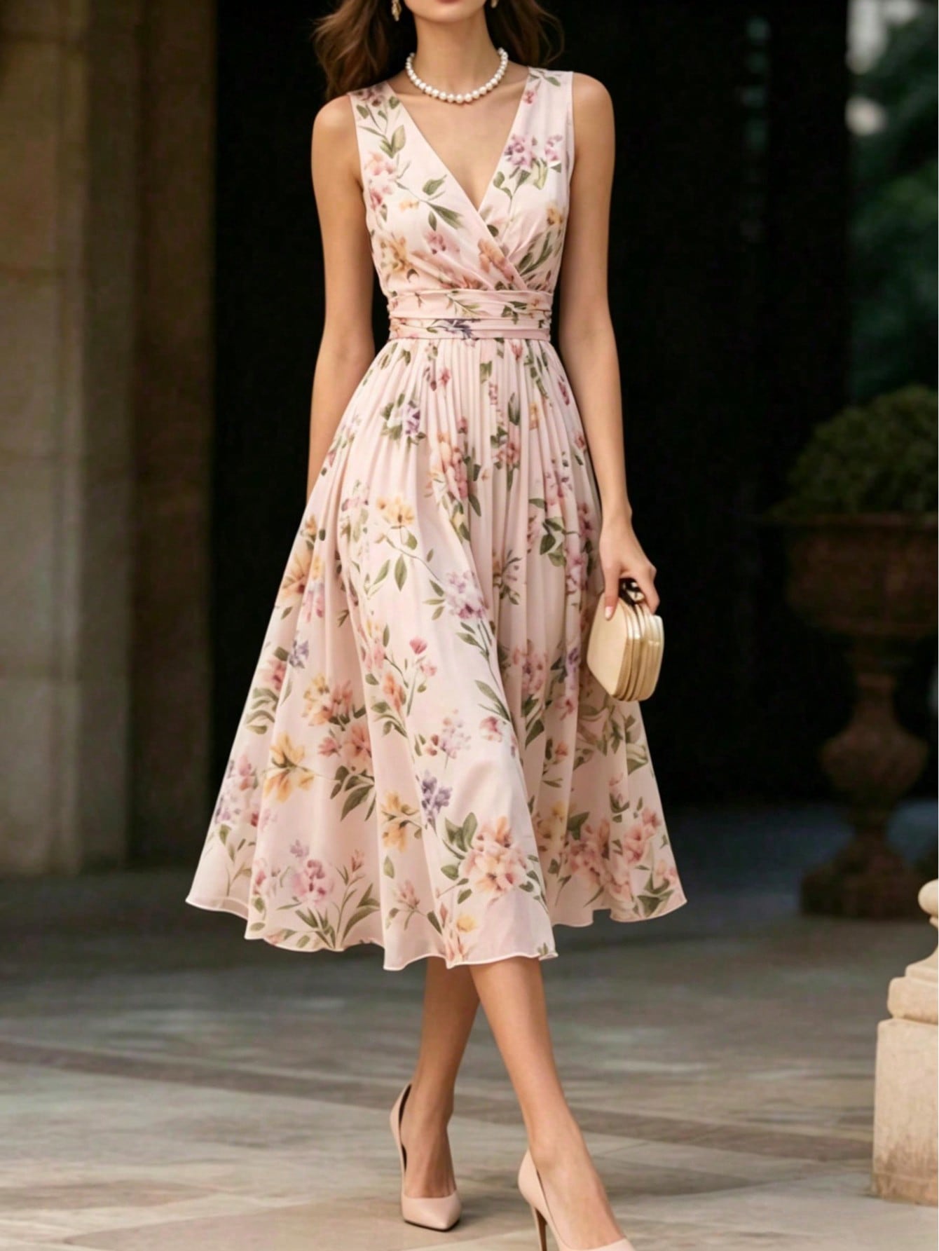 Come Vestirsi Comunione Invitata: Guica Completa ai Look 6 Elegante abito in chiffon senza maniche con motivo floreale - Romantico scollo a V, vita arricciata, gonna ampia, adatto per invitata comunione