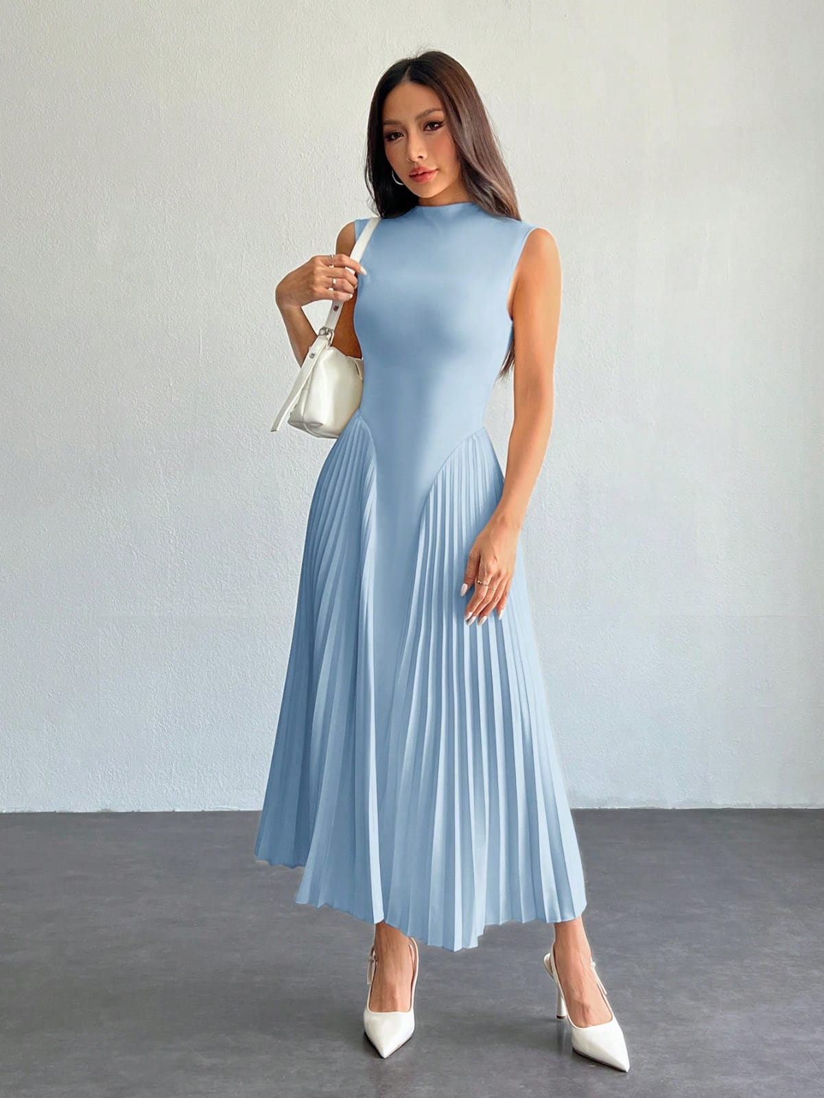 abito midi plisse celeste comunione donna