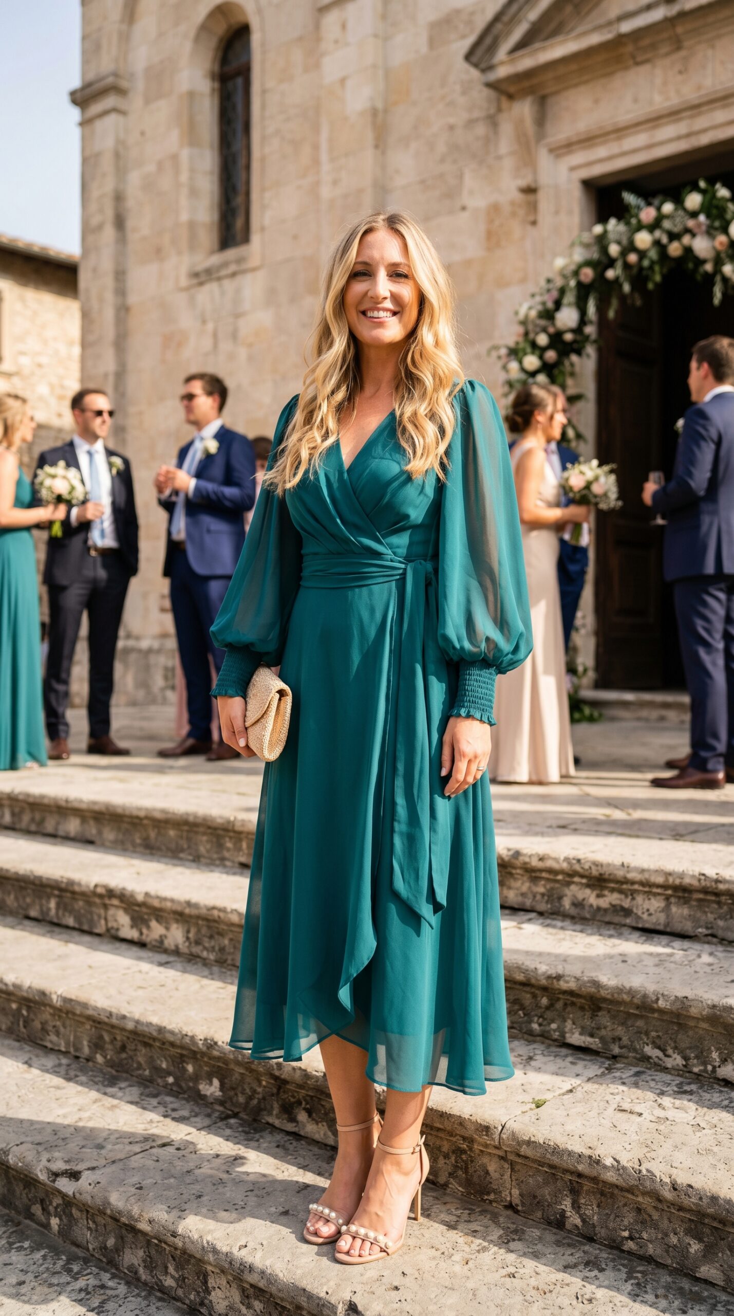 Invitata indossa un abito midi verde smeraldo a portafoglio.