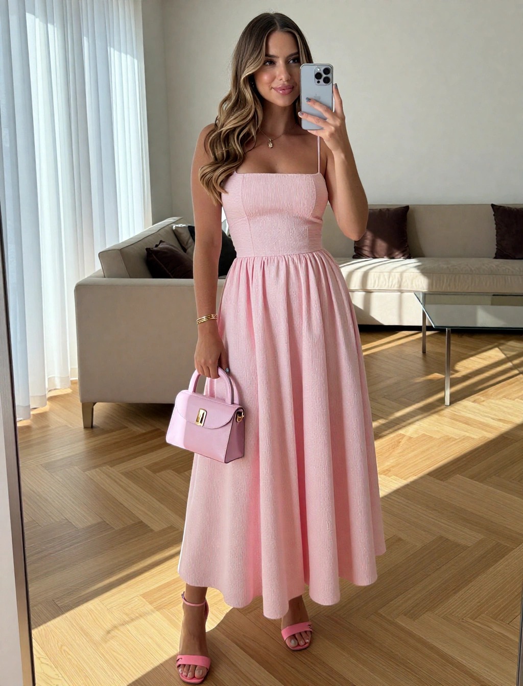 Come vestirsi per un battesimo donna: Guida completa di stile 4 Donna con abito rosa midi romantico e borsa coordinata, look ideale per battesimo donna elegante