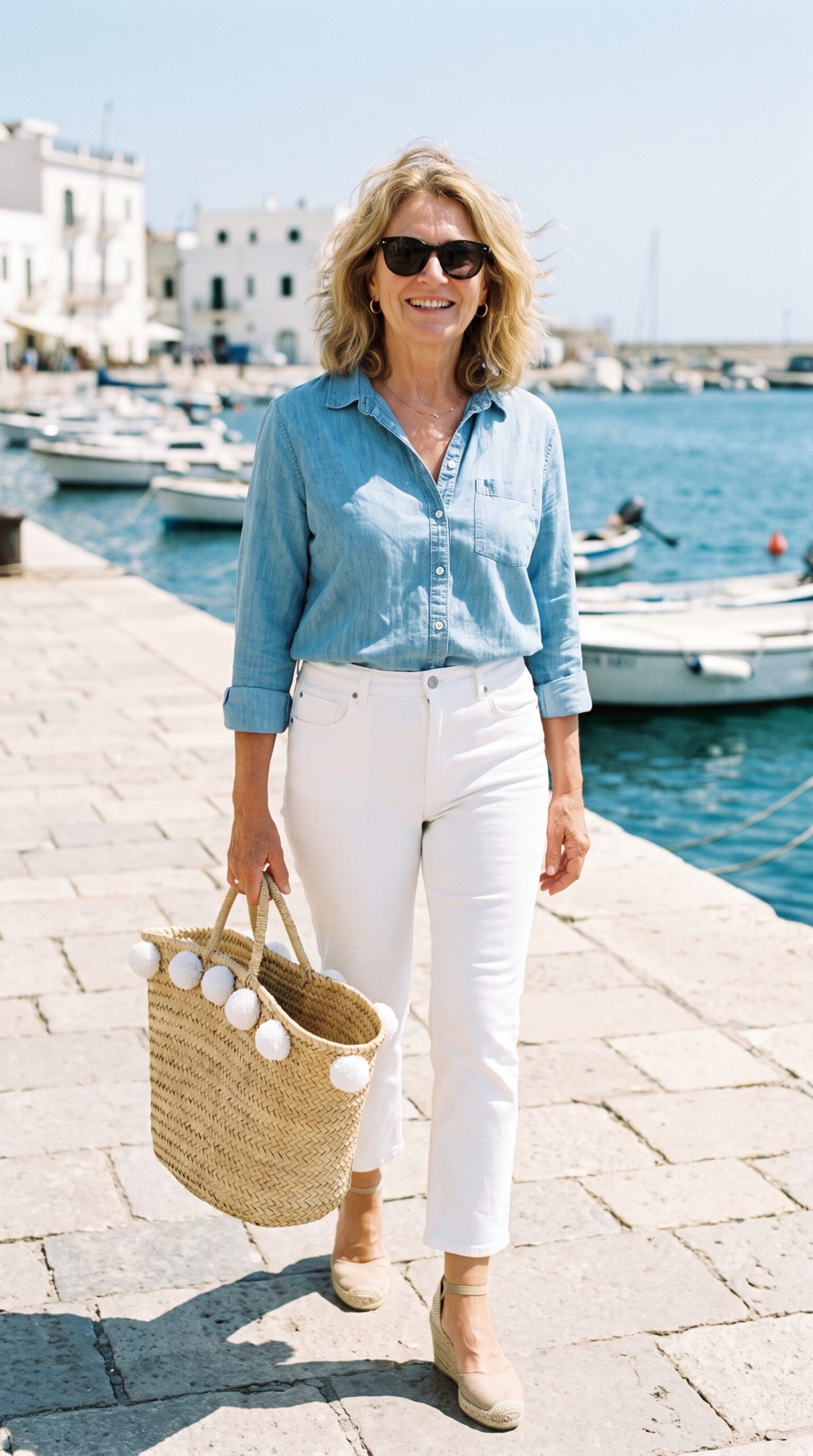Donna al porto che indossa una camicia in denim chambray, pantaloni bianchi corti alla caviglia, zeppe beige in corda e borsa di paglia con pom-pom bianchi, occhiali da sole scuri.
