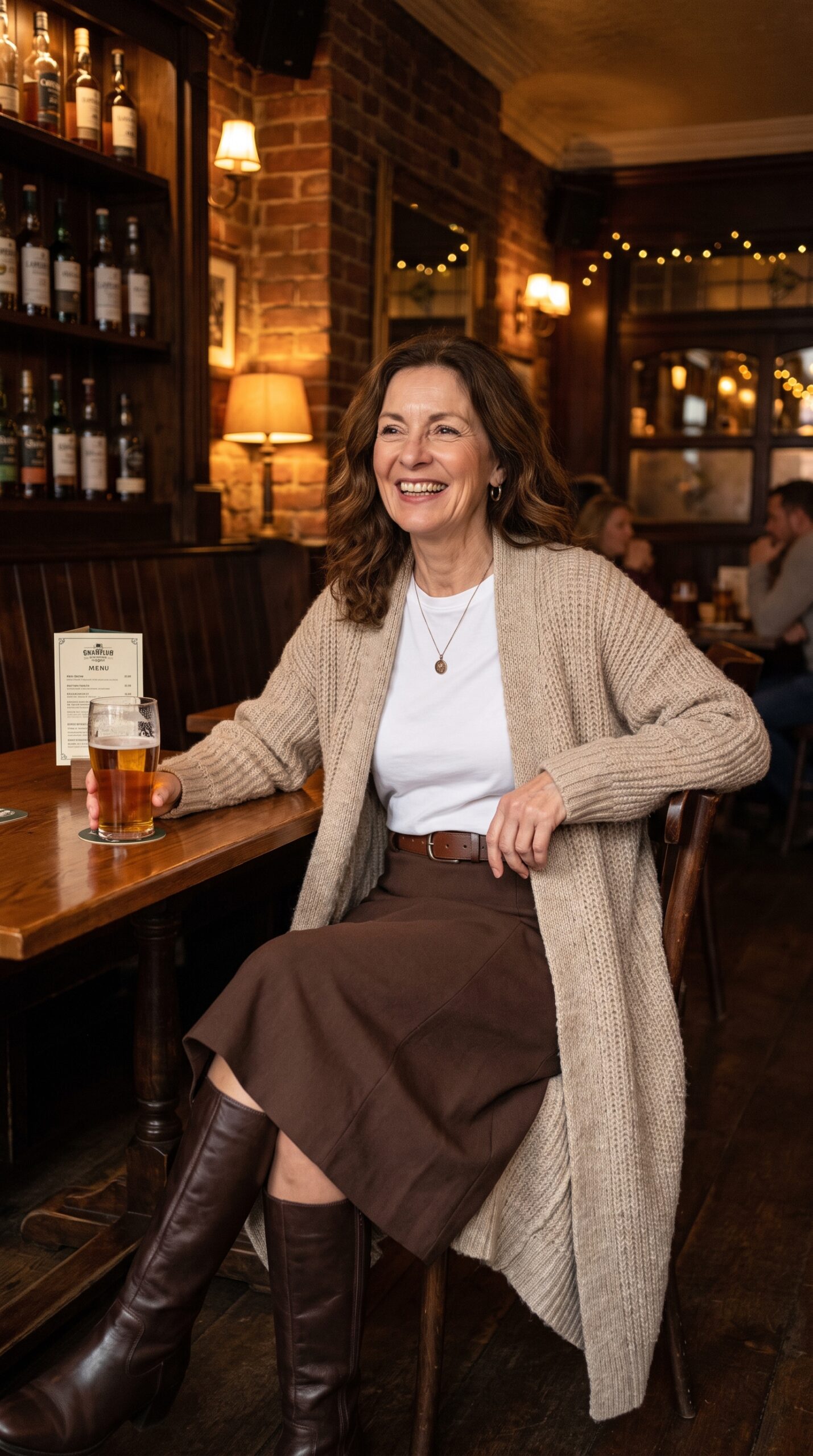Donna sorridente seduta in un pub, indossa un lungo cardigan in maglia beige, t-shirt bianca, gonna midi marrone con cintura e stivali alti in pelle marrone testa di moro.