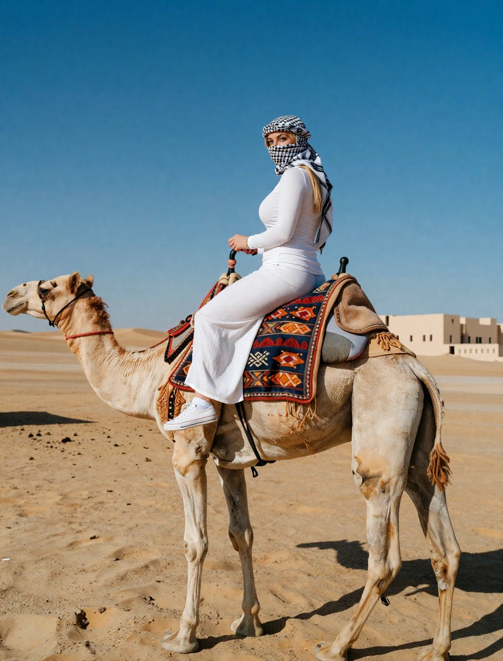 Donna a cavallo di un cammello nel deserto di Marrakech con abito bianco lungo, maglia a maniche lunghe e kefiah per proteggersi da sole e sabbia