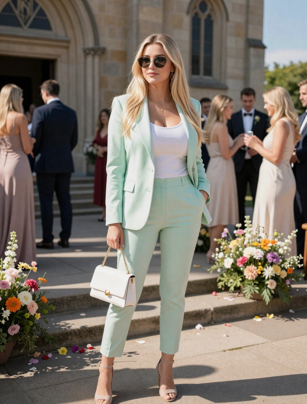 Donna con tailleur pantalone verde menta e top bianco, outfit elegante per comunione di giorno davanti alla chiesa