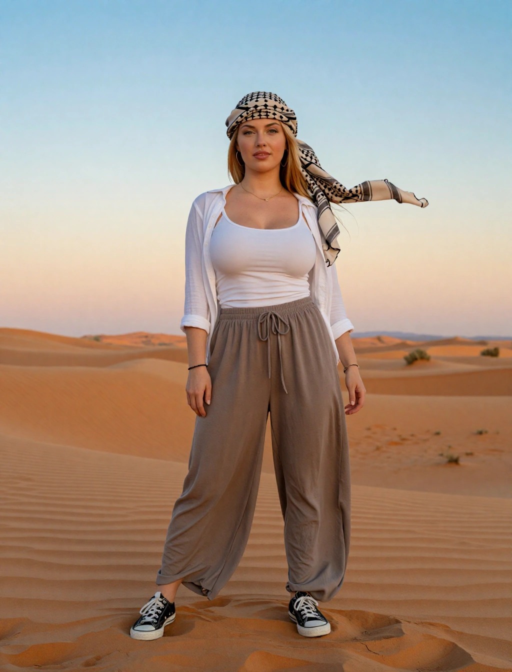 Donna con outfit pratico per il deserto di Marrakech: pantaloni palazzo beige, camicia bianca in lino e kefiah al tramonto