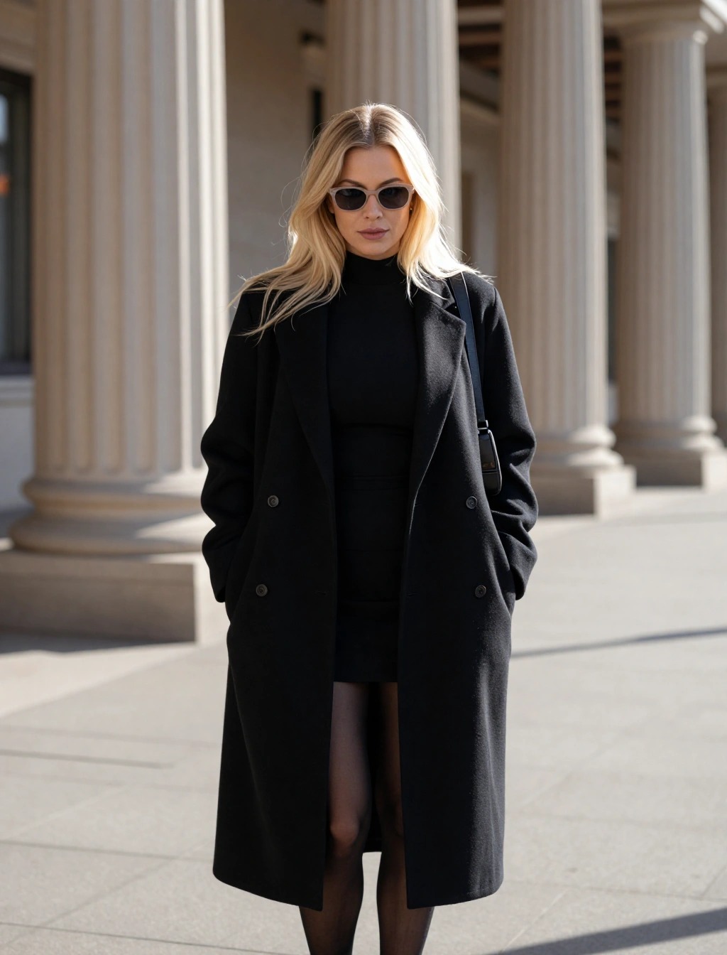 Look autunnale elegante a Vienna con cappotto nero lungo, abito nero e collant velati, stile minimal chic

