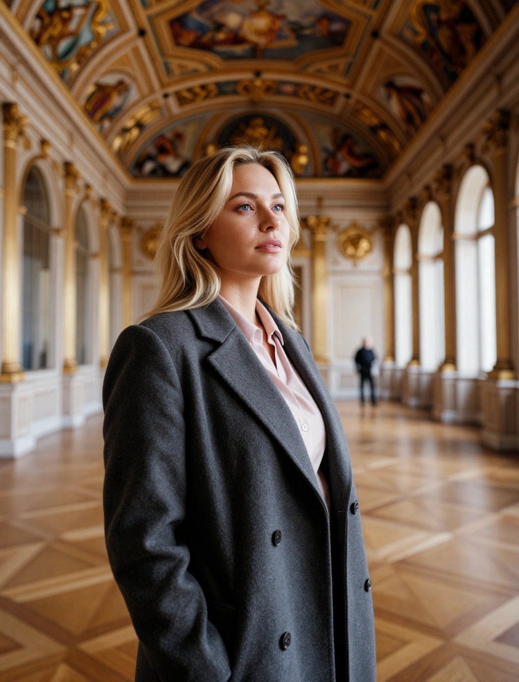 Donna con cappotto grigio e camicia rosa all'interno di un palazzo storico di Vienna, outfit elegante per musei in autunno

