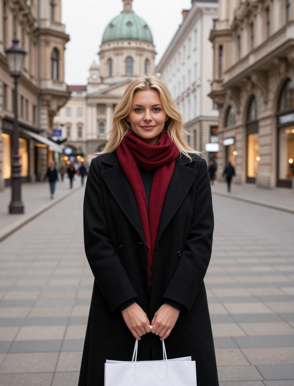 Outfit invernale a Vienna con cappotto nero lungo e sciarpa bordeaux in centro città, look pratico per lo shopping

