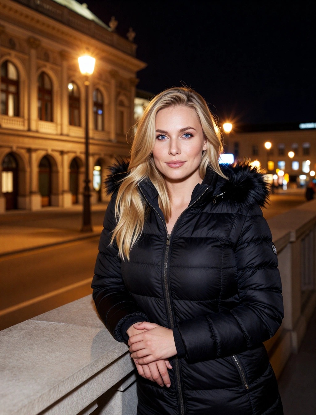 Come vestirsi a Vienna in inverno: donna con piumino nero con cappuccio per la sera in centro città

