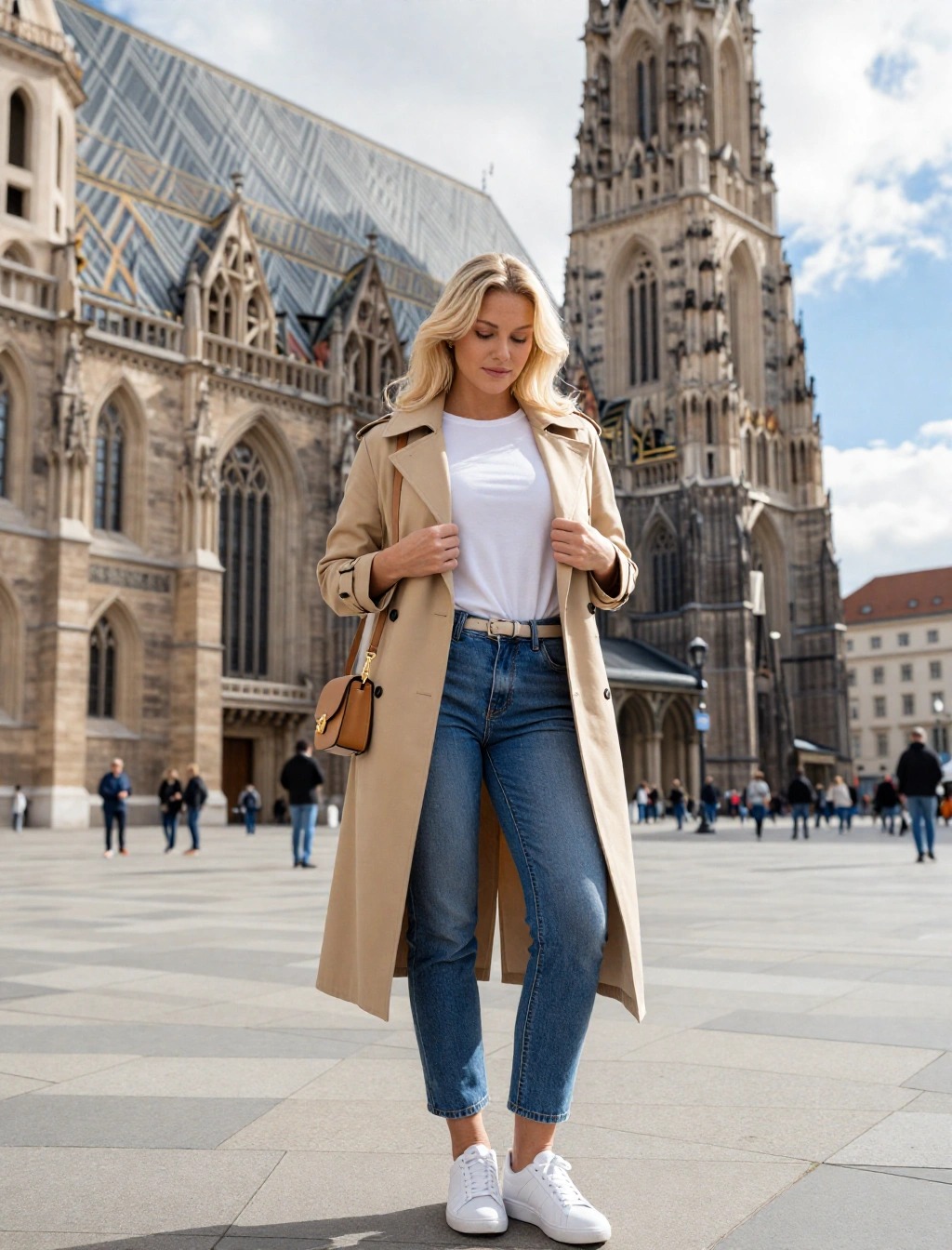 Outfit primavera a Vienna con trench beige, jeans e sneakers bianche davanti al Duomo di Santo Stefano

