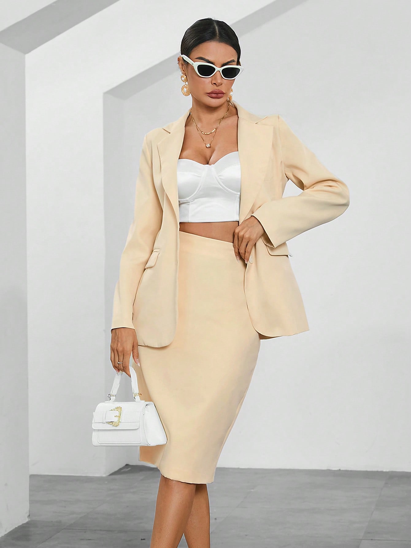 GENKIRA Set Di Giacca E Gonna Aderente Da Donna Con Collo A Revers E Maniche Lunghe. Comunione Donna