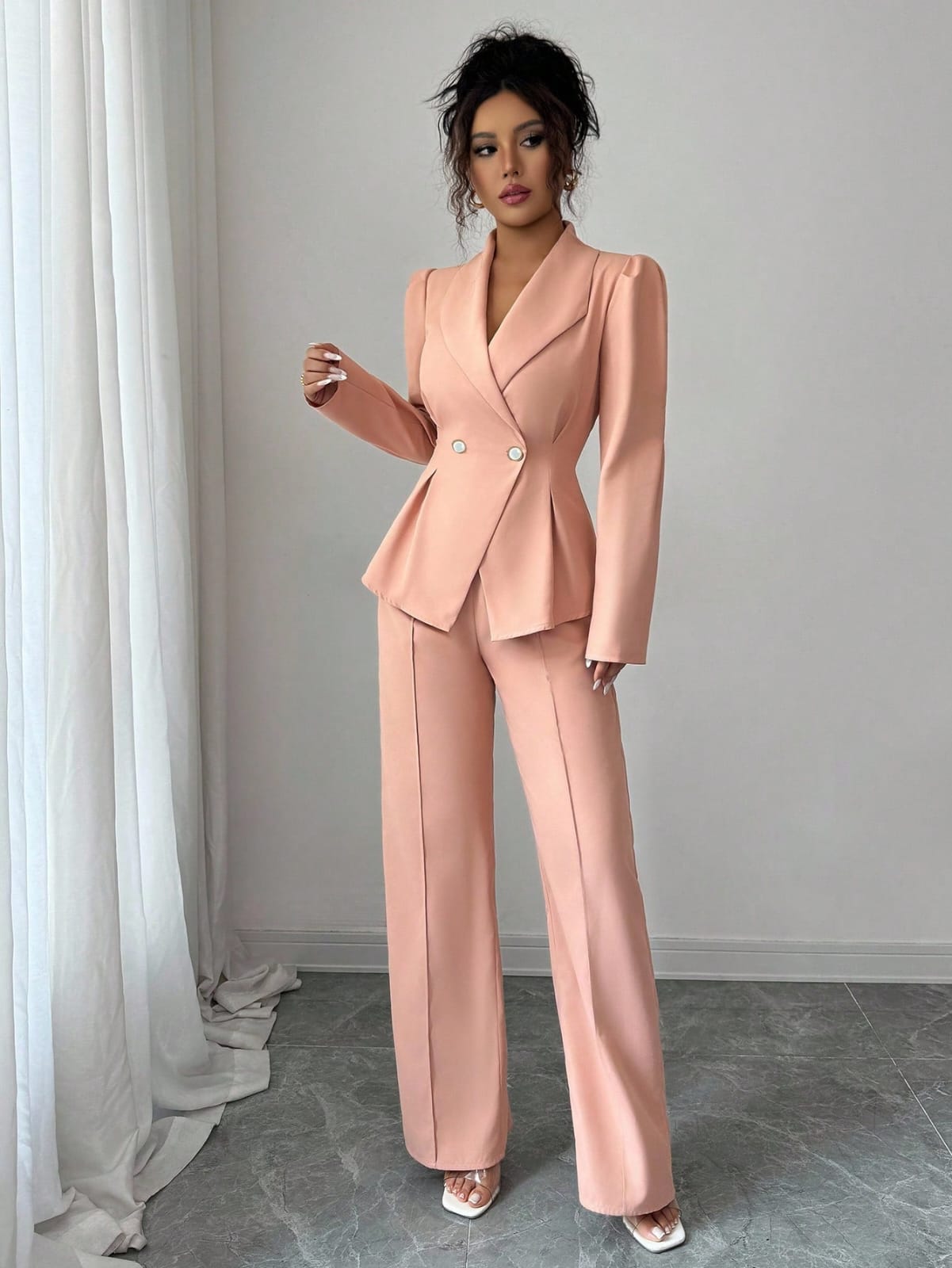 Selianne 2 pezzi Set giacca blazer con colletto plissettato + pantaloni, stile vintage,