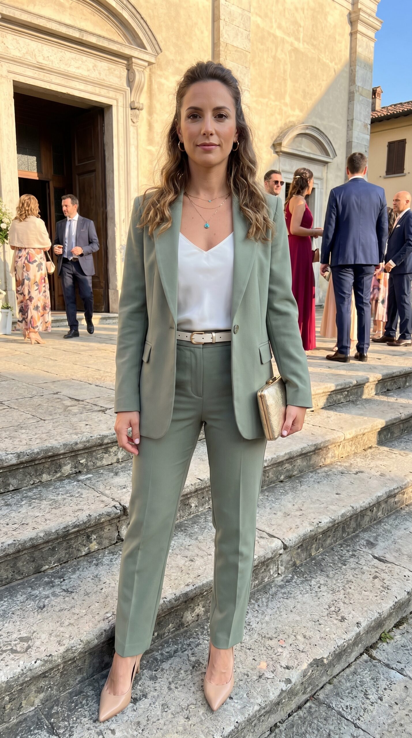 Donna in posa con un completo giacca e pantalone verde salvia, top bianco e cintura panna sottile in vita.
