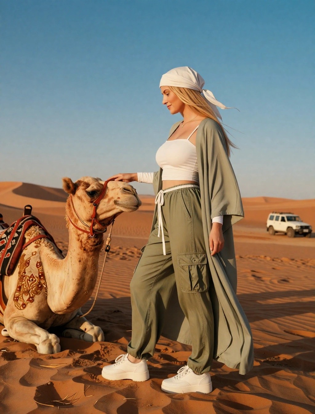 Donna vestita per giro in cammello nel Sahara Merzouga: pantaloni cargo verdi, kimono leggero e foulard bianco