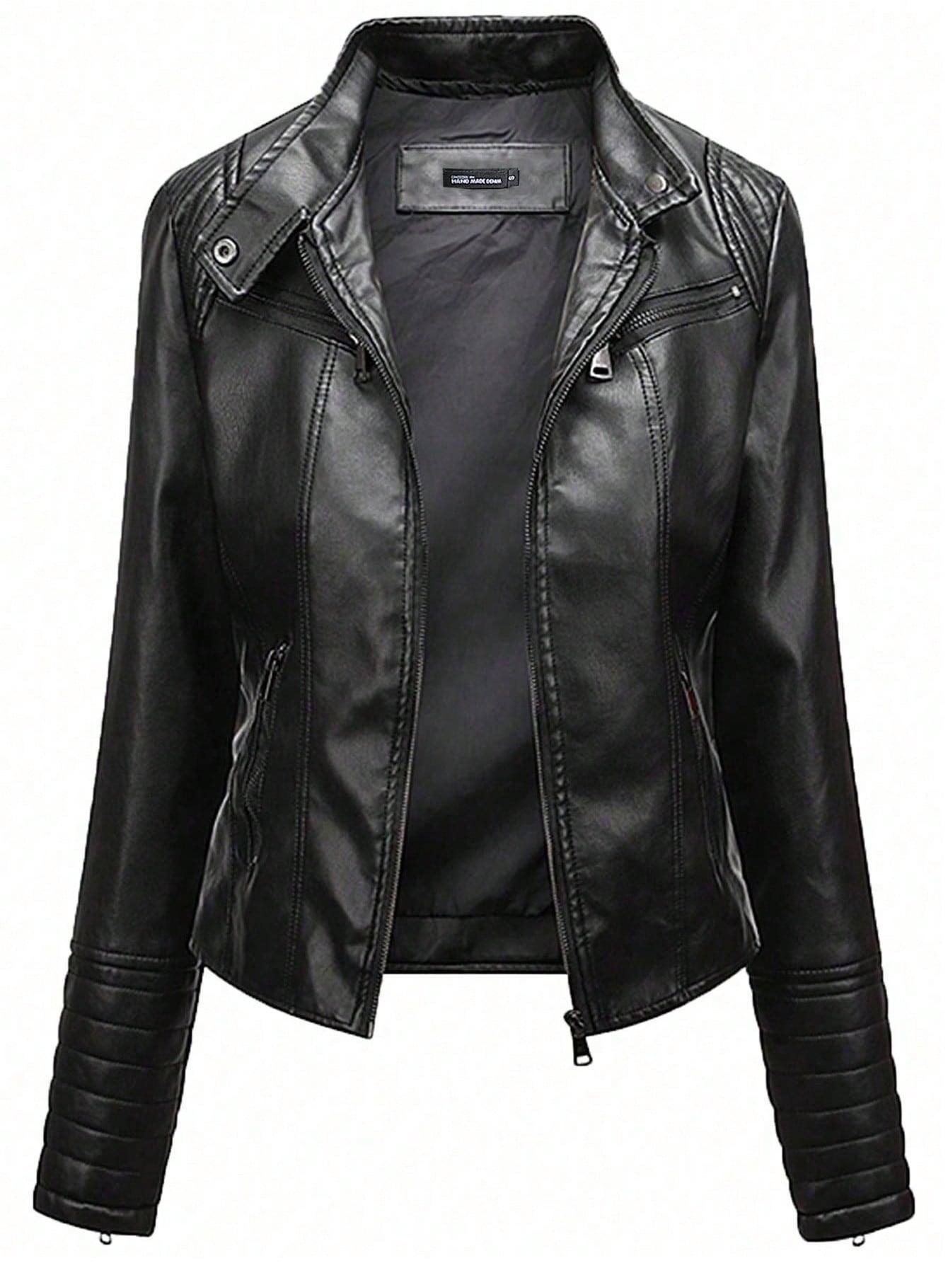 Giacca in pelle da donna, cappotto in pelle con maniche lunghe e collo alto, autunno, pile, inverno nero sportivo