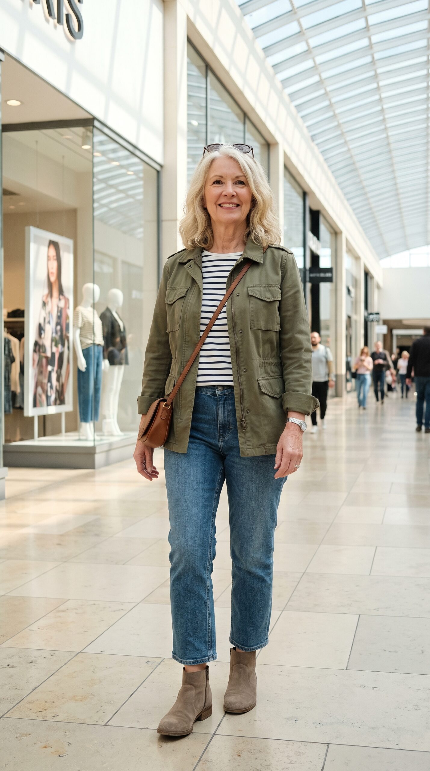 Signora dal look casual in un centro commerciale con giacca utility verde militare, maglia a righe marinare, jeans a gamba dritta, stivaletti scamosciati e borsa a tracolla marrone.