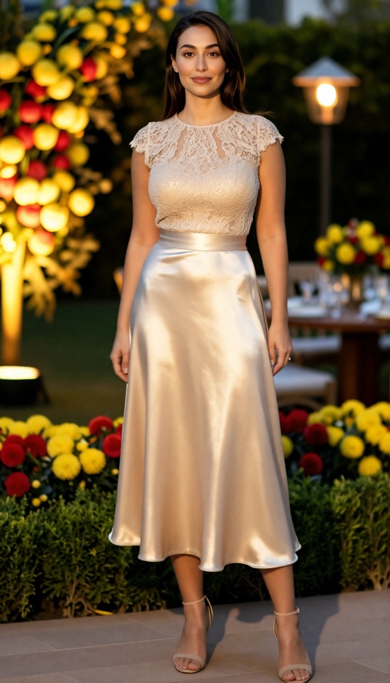 Abito midi champagne perlato con top in pizzo e gonna in satin, outfit elegante da madrina per comunione primavera estate 2026
