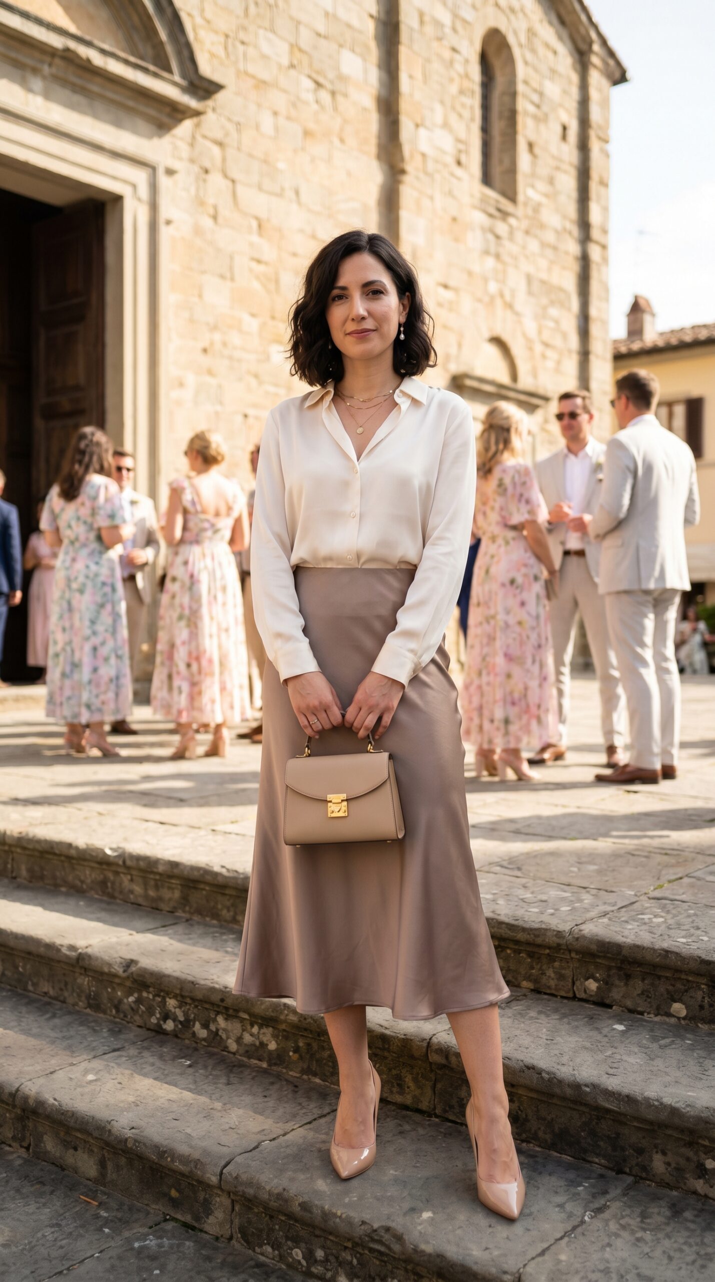 Outfit sobrio ed elegante per battesimo con camicia in seta avorio e gonna midi color fango.