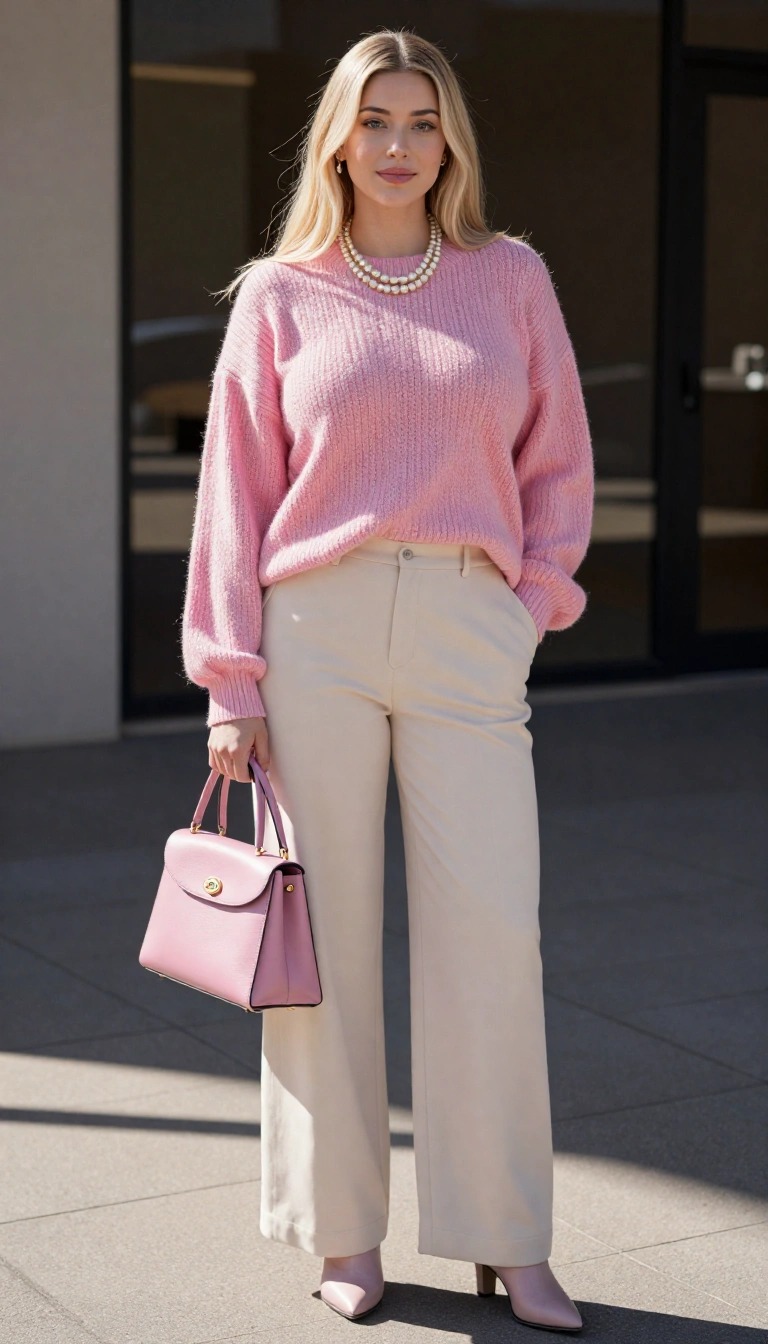 10 Outfit Pasqua Donna 2026: Guida ai Migliori Look e Abiti 5 Outfit Pasqua donna casual elegante con maglione rosa e pantaloni beige, look primaverile con borsa coordinata e scarpe nude