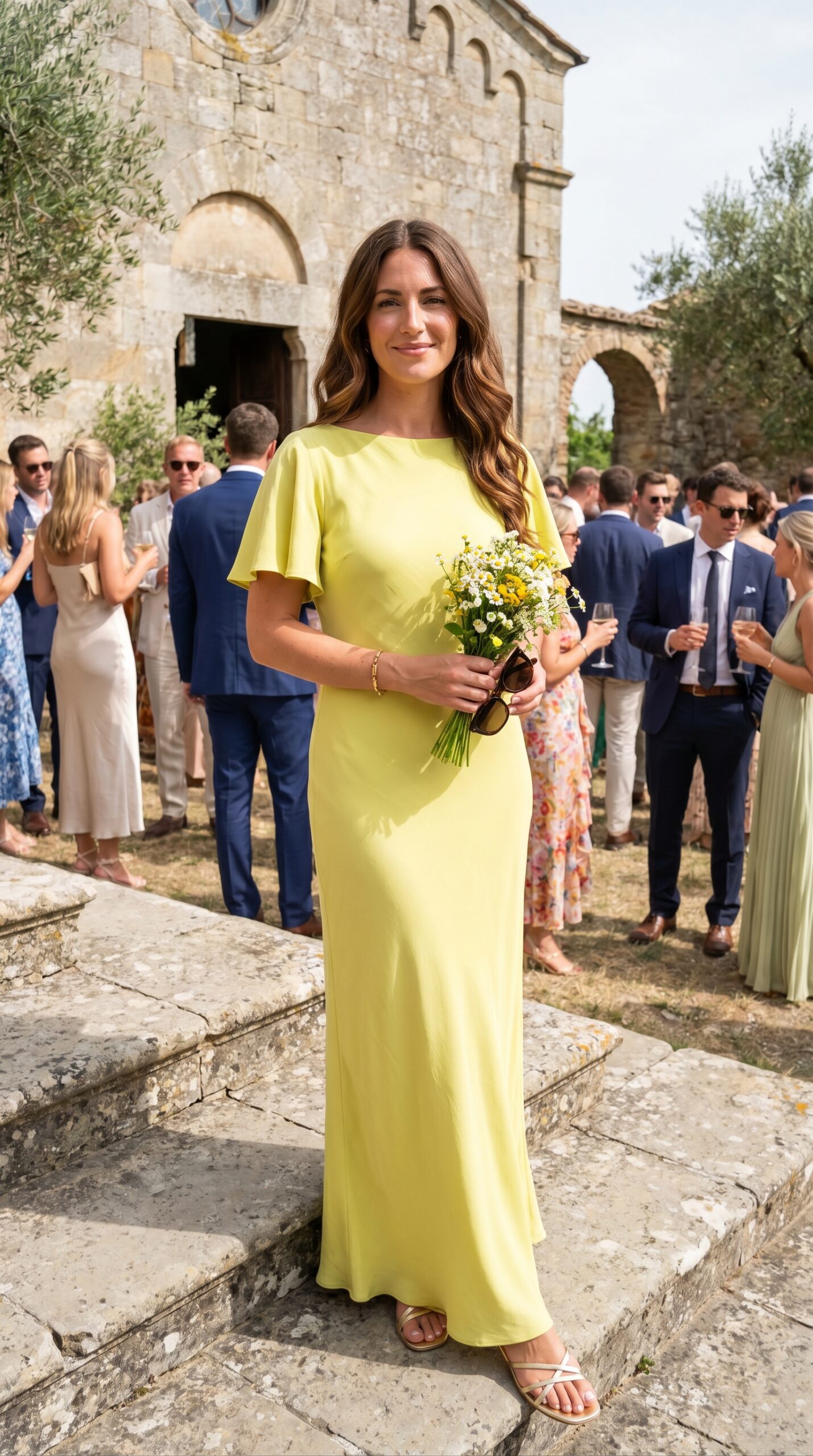 Vestito lungo giallo chiaro per matrimonio all'aperto.