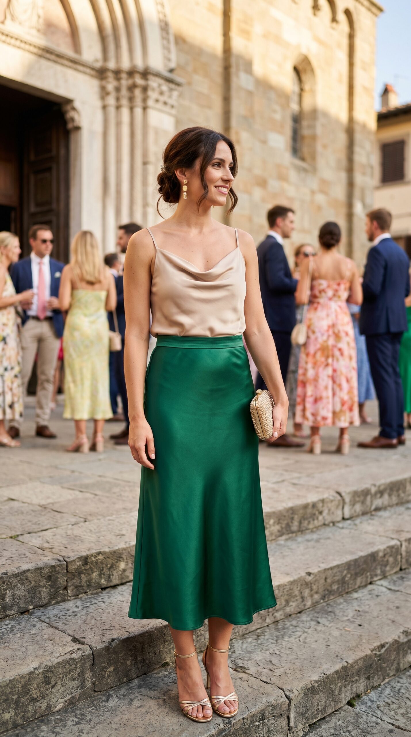 Invitata matrimonio con gonna midi verde smeraldo e top beige.
