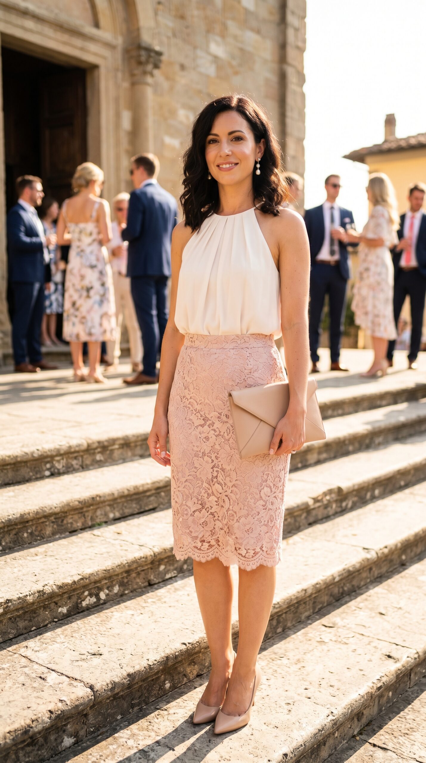 Gonna in pizzo rosa antico e top elegante per cerimonia.
