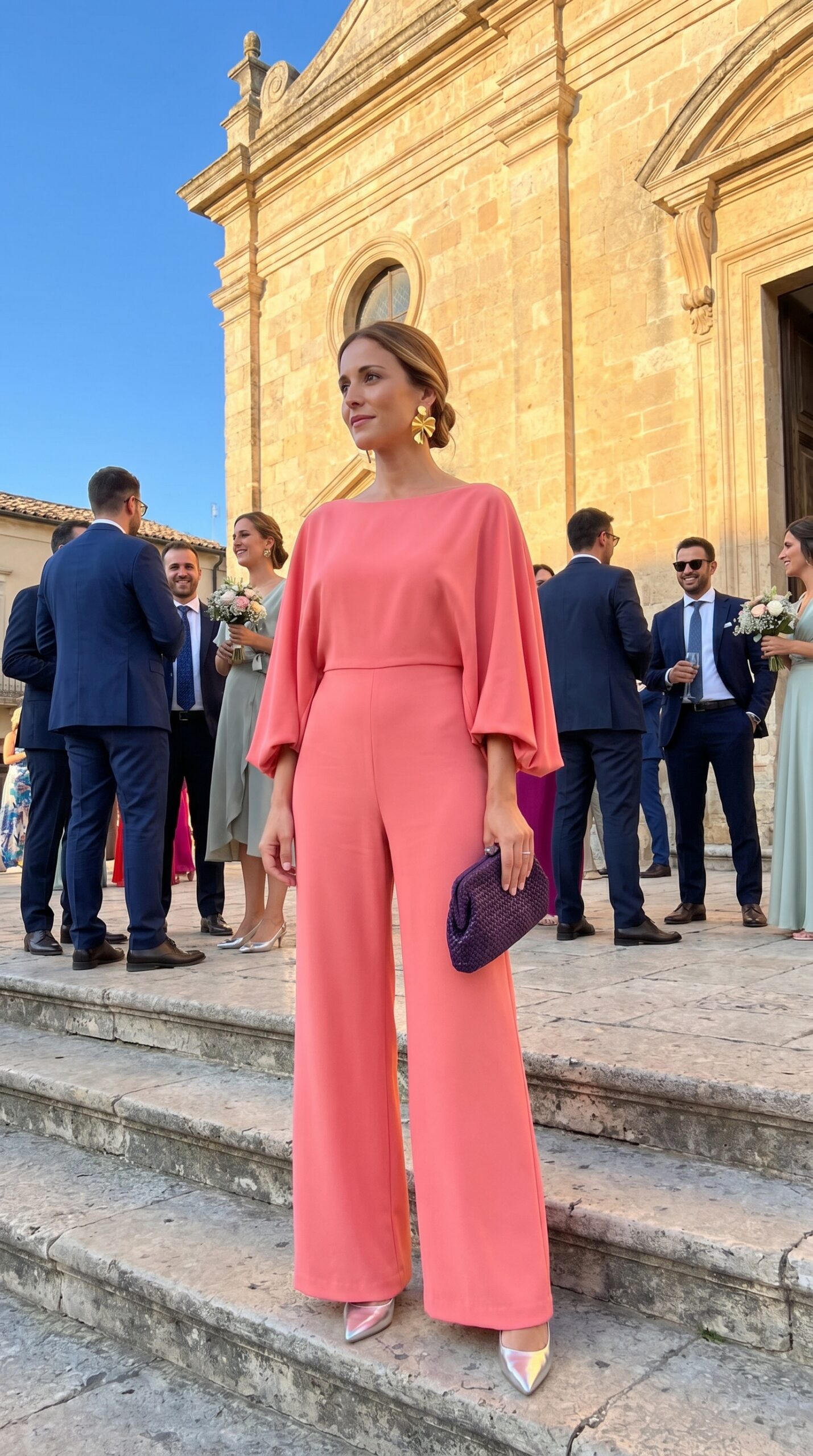 Jumpsuit corallo elegante per invitata nozze.