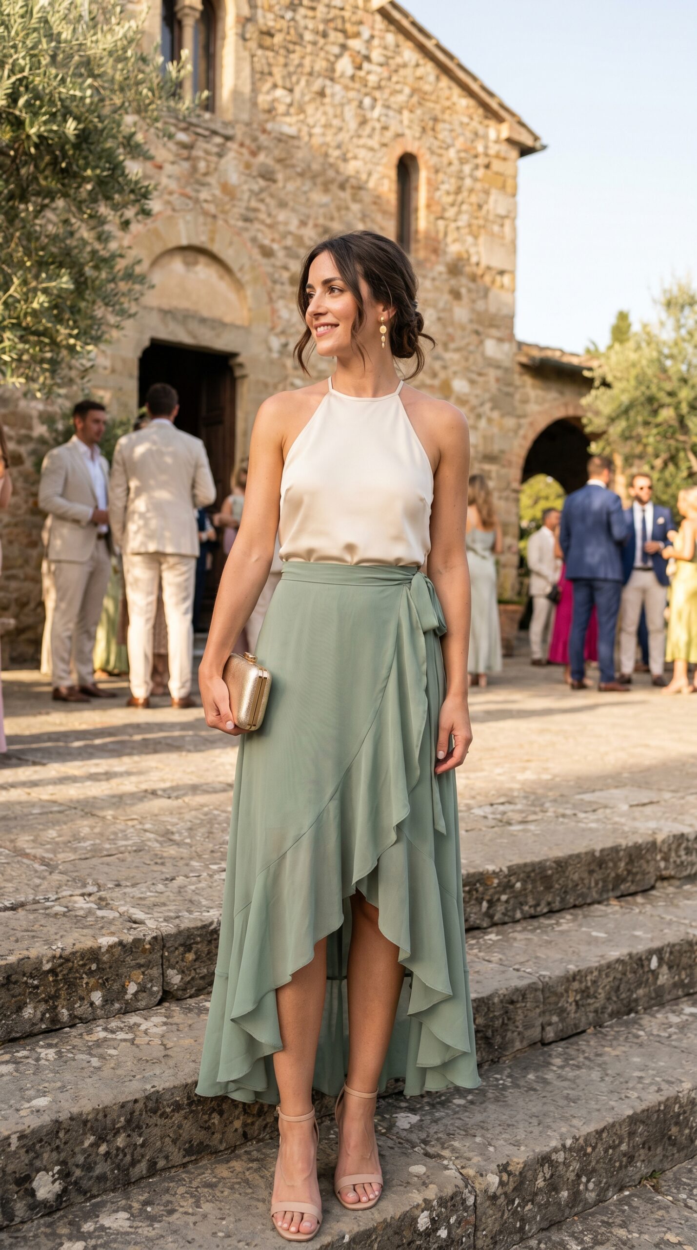 Look spezzato verde salvia per matrimonio estivo.