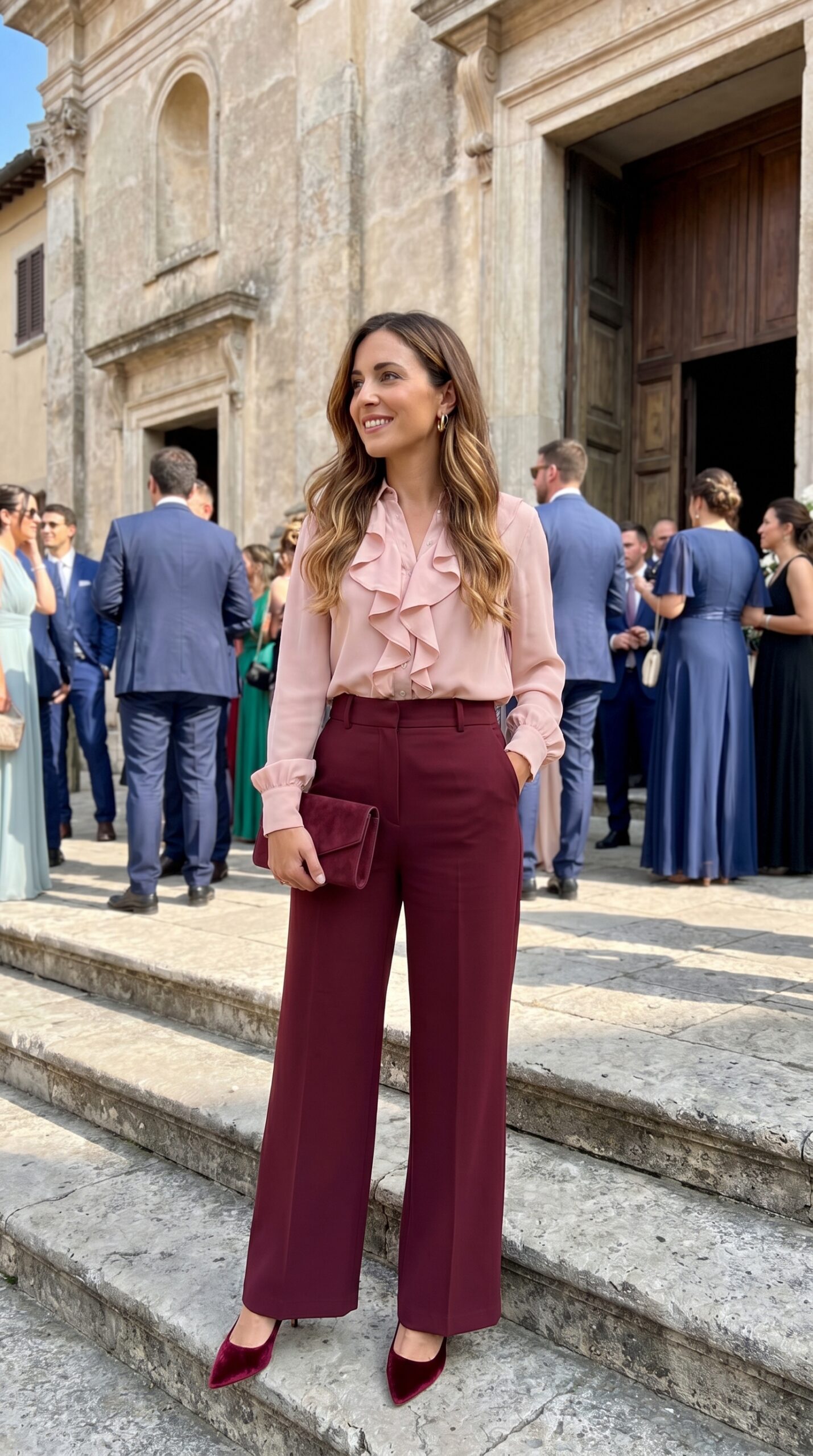 Look matrimonio donna con pantaloni bordeaux e blusa rosa.
