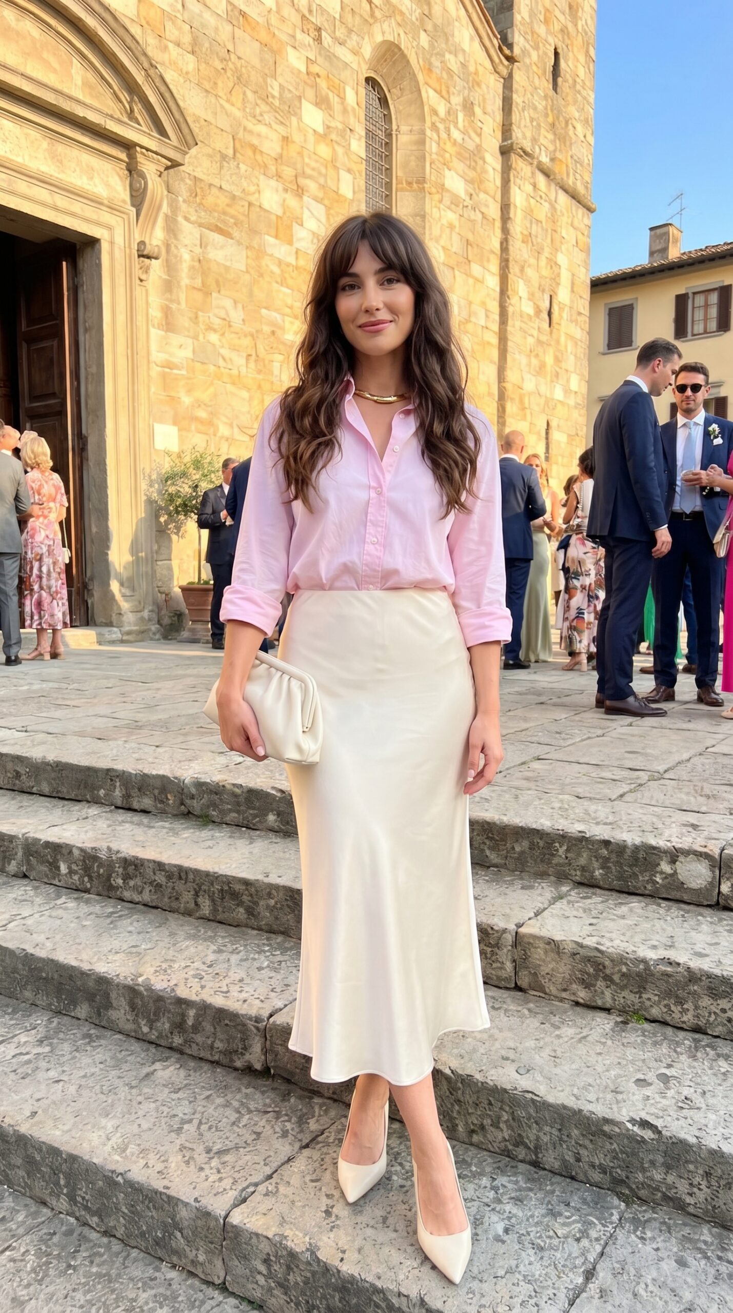 Ragazza con look da invitata a un battesimo composto da camicia rosa cipria, gonna midi in raso color crema e pochette morbida bianca.