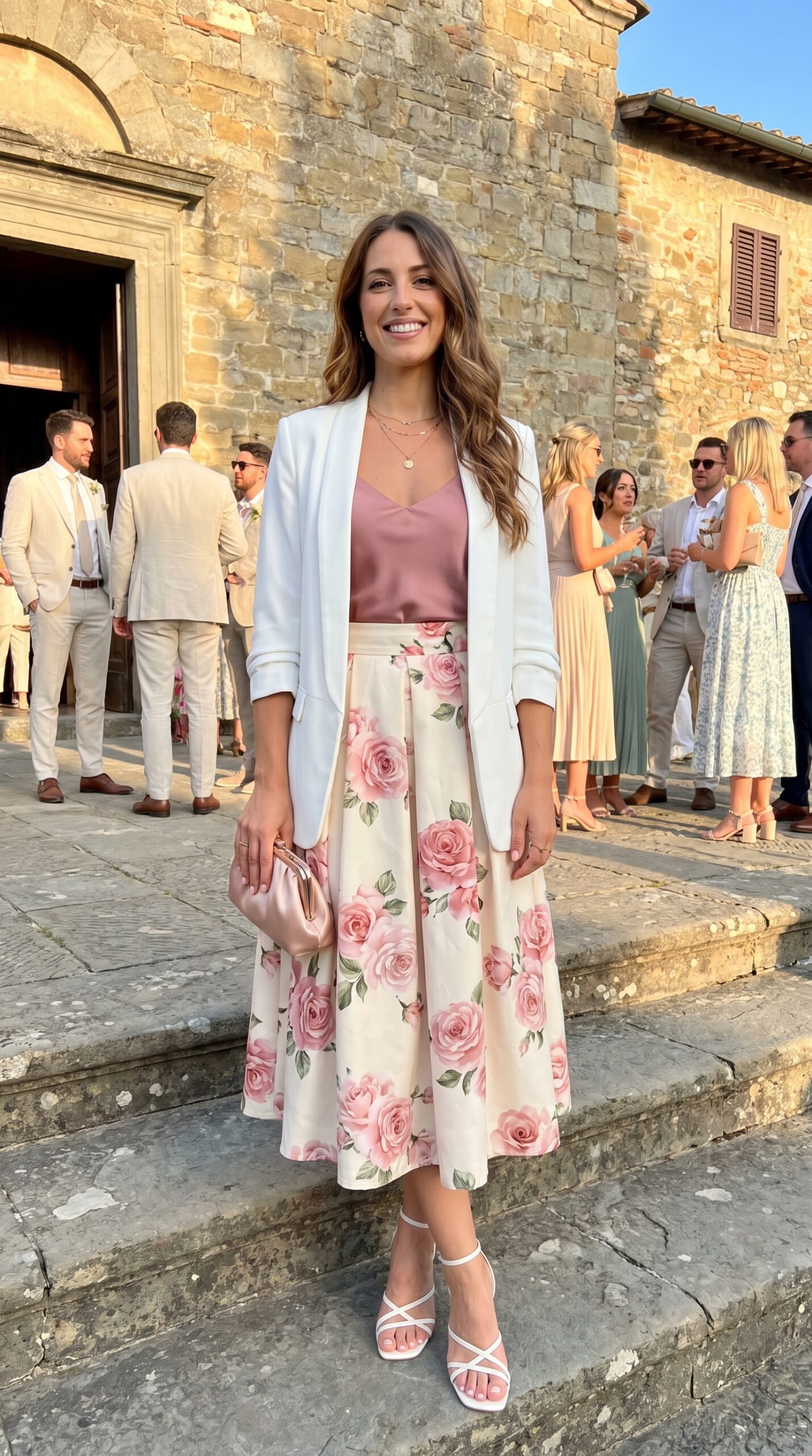 Ragazza sorridente a una cerimonia indossa una gonna a ruota con rose rosa, top in seta e blazer bianco morbido.