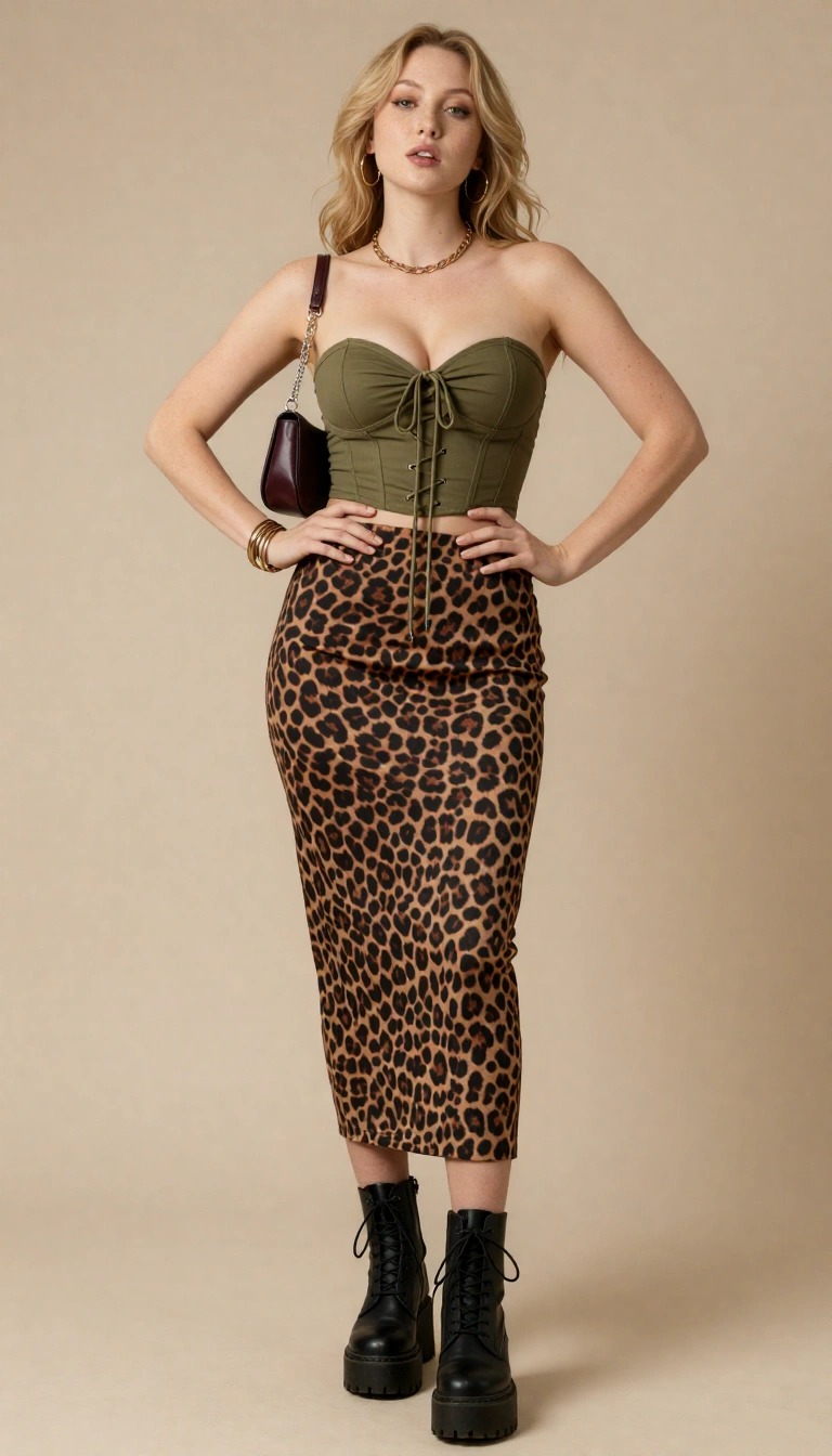 Donna con outfit anni 2000: corsetto bustier verde oliva e gonna midi leopardata con anfibi platform stile Y2K
