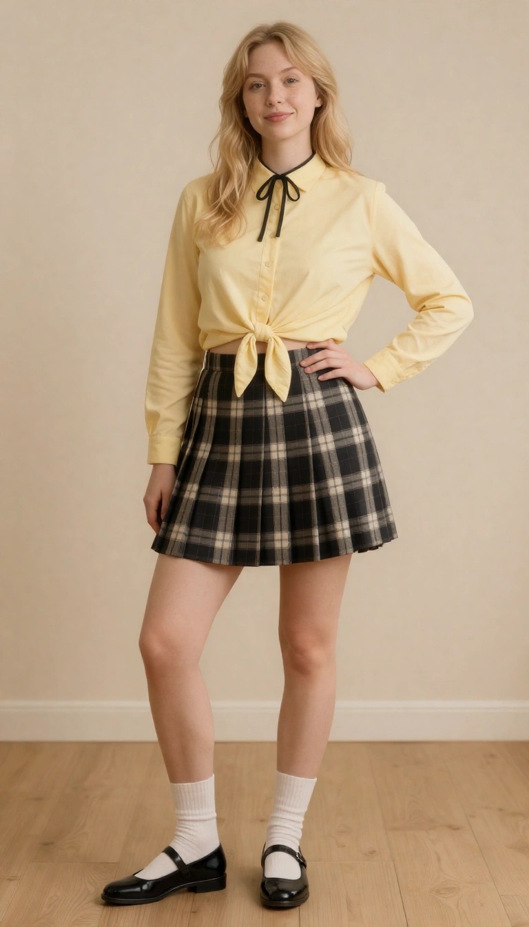 Ragazza con outfit anni 2000 preppy: camicia gialla annodata e minigonna scozzese a pieghe con Mary Jane
