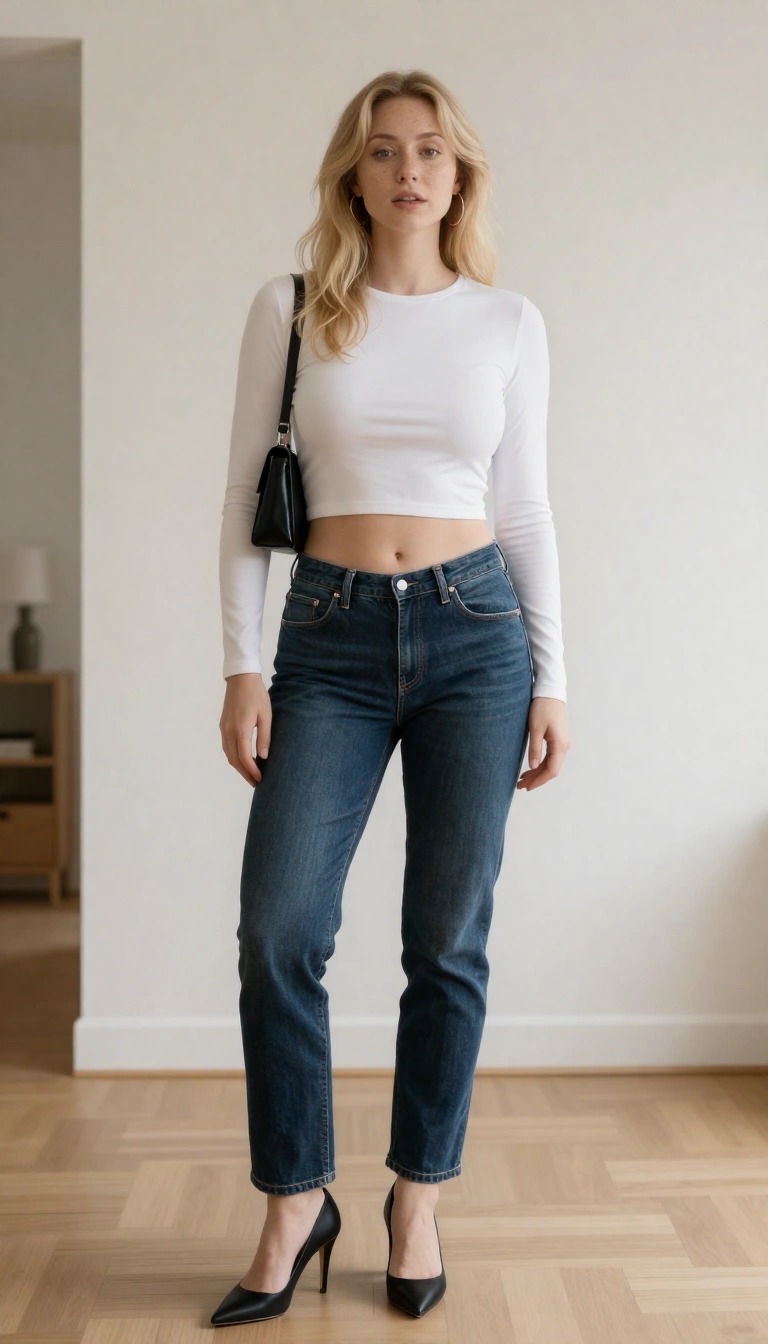 Donna con outfit anni 2000 minimal: top bianco crop a maniche lunghe e jeans dritti a vita media stile Y2K
