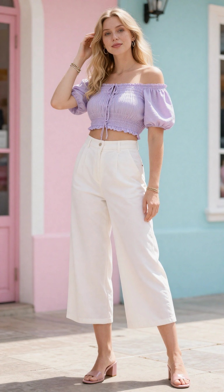 Donna con outfit anni 2000 estivo: top lilla off-shoulder a sbuffo e pantaloni bianchi palazzo cropped stile Y2K
