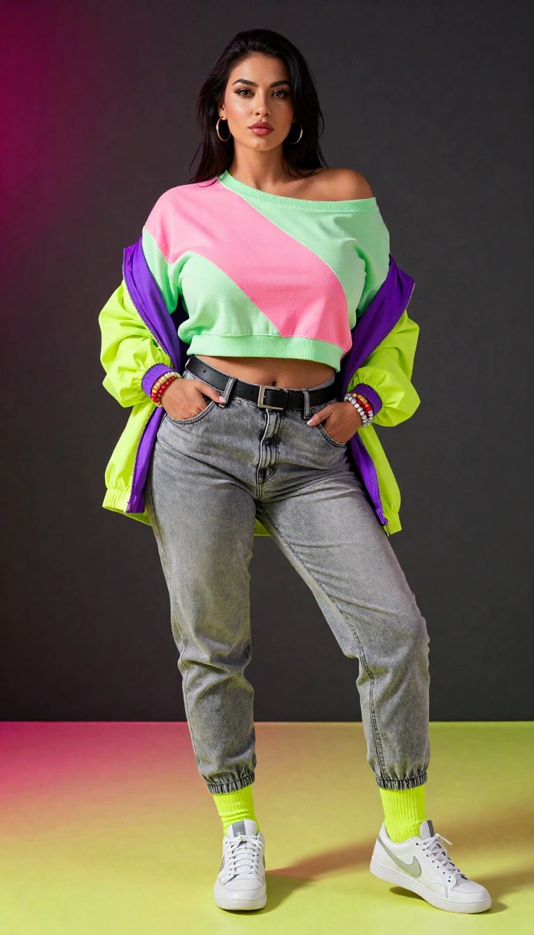 Outfit anni 80 donna stile streetwear con felpa color block, giacca neon, jeans vita alta e sneakers look vintage sportivo