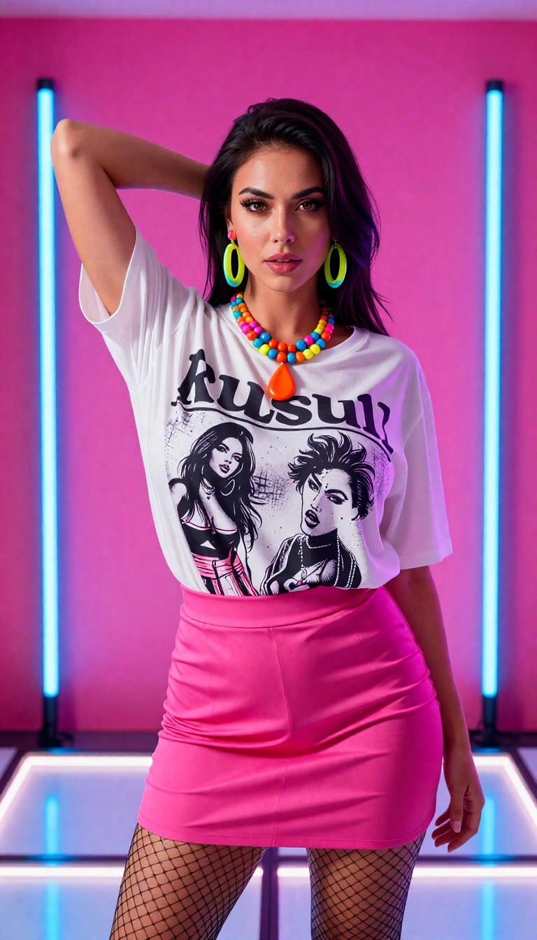 Outfit anni 80 donna stile pop party con gonna rosa aderente, t-shirt grafica, collana colorata e orecchini fluo in ambiente neon