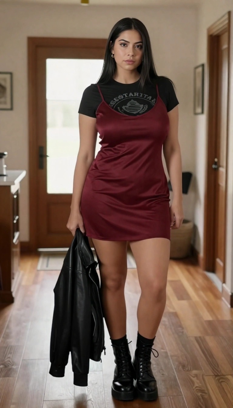 Outfit anni 90 donna con abito slip in raso bordeaux indossato sopra t-shirt nera e anfibi platform
