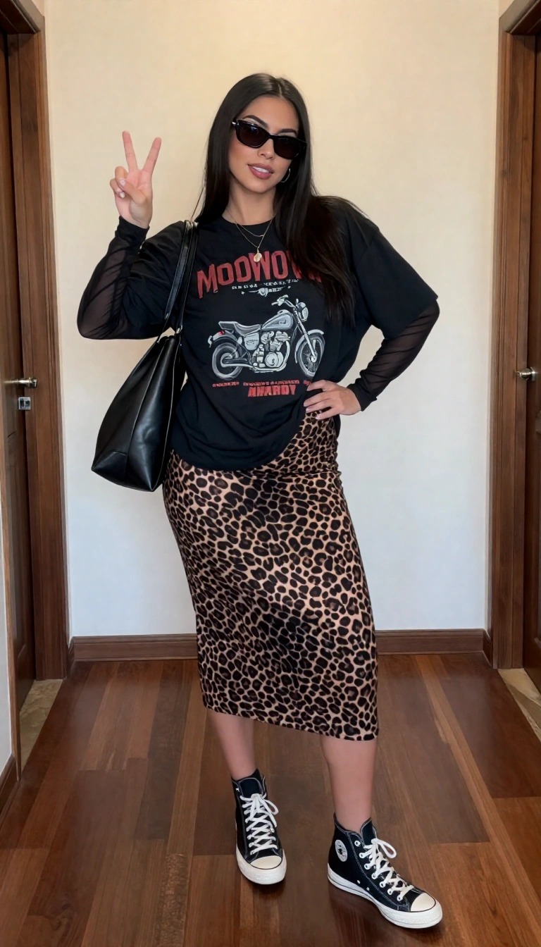 Outfit anni 90 donna con gonna midi leopardata, t-shirt oversize nera con stampa moto e sneakers Converse alte
