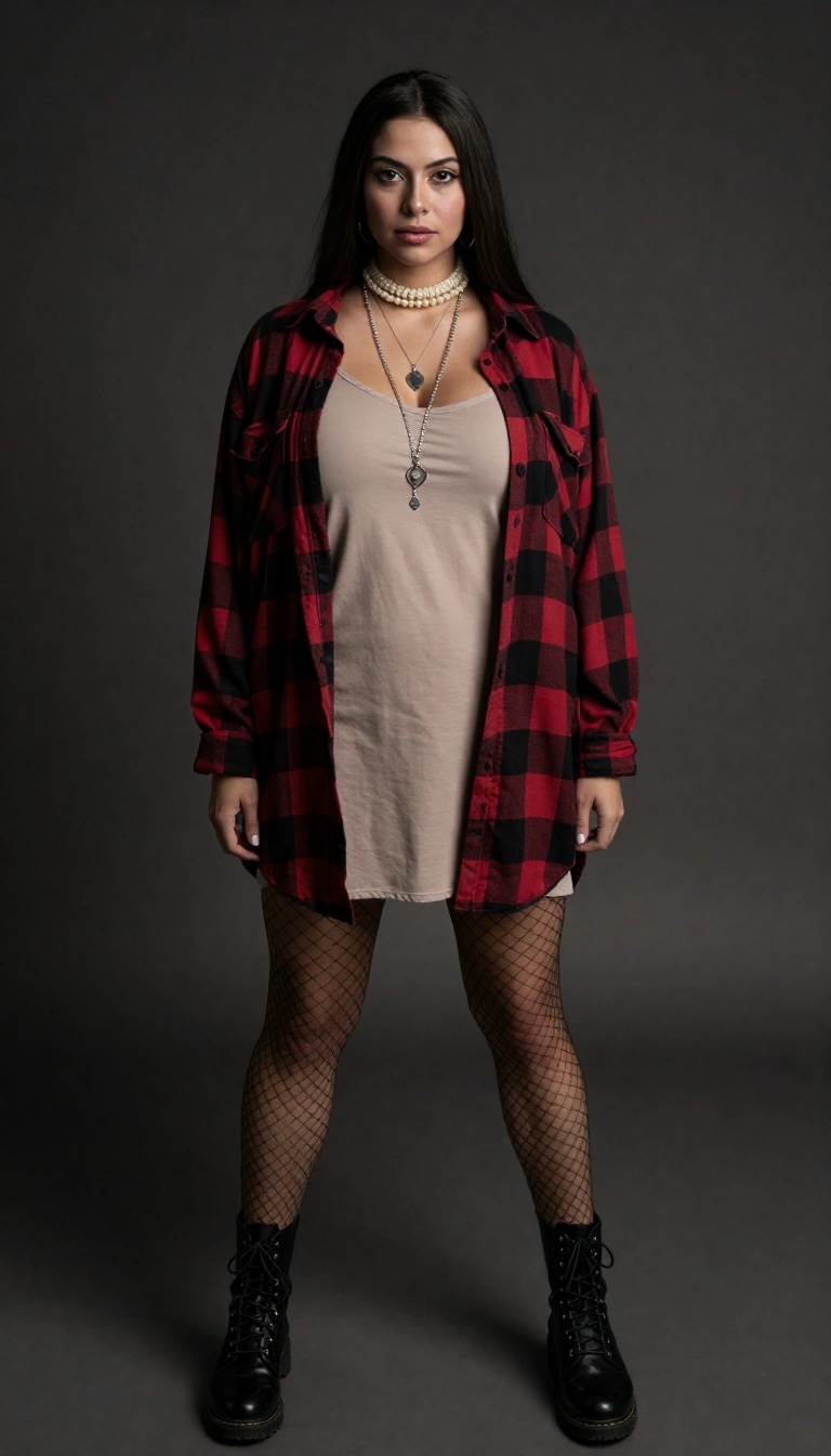 Outfit anni 90 donna grunge con slip dress beige, camicia di flanella rossa oversize, calze a rete e anfibi neri