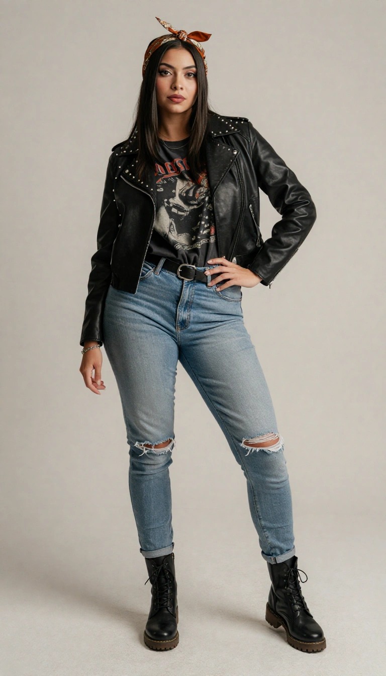 Outfit anni 90 donna rock con giubbotto di pelle borchiato, t-shirt band, jeans strappati e anfibi neri
