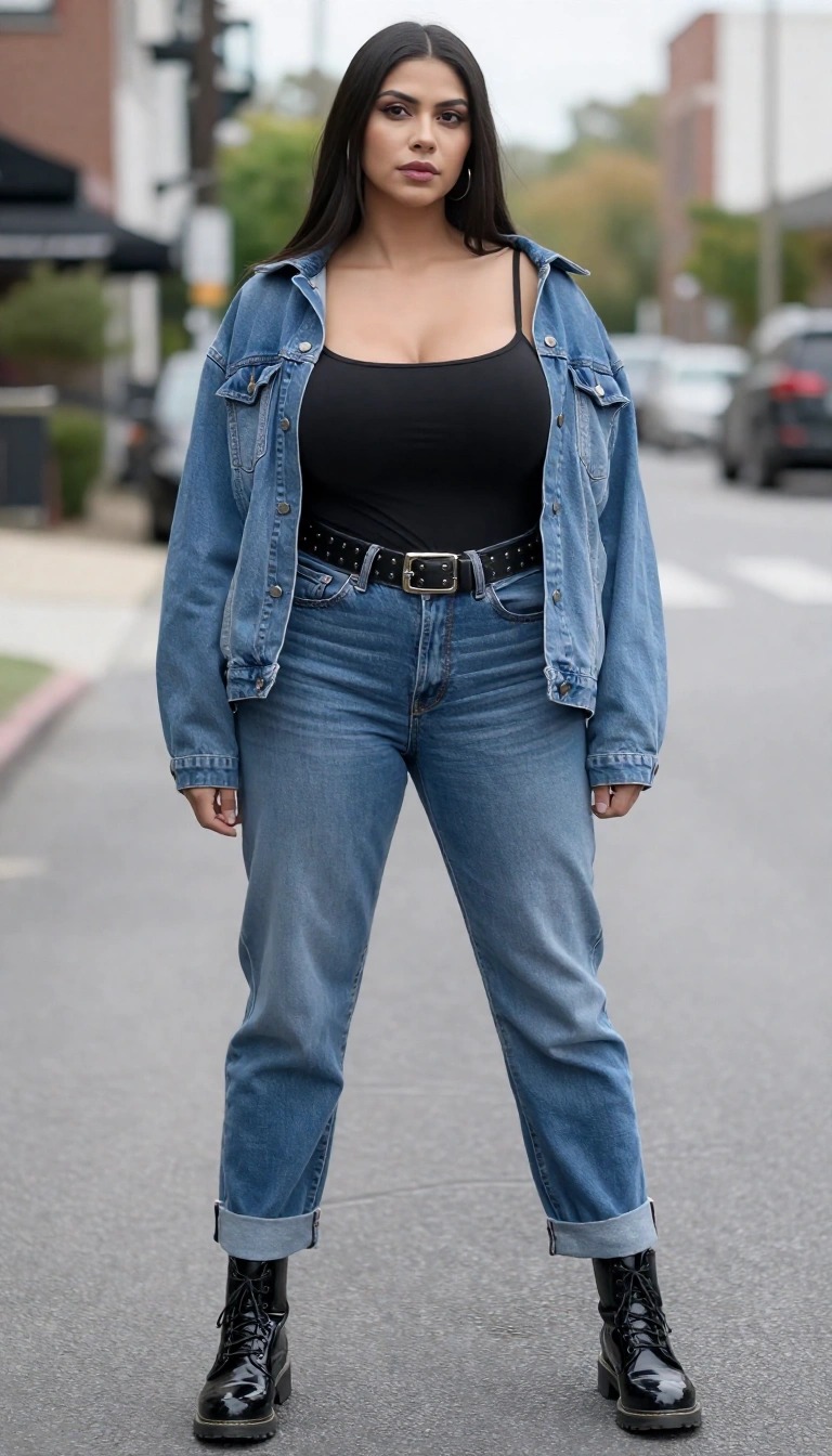 Outfit anni 90 donna total denim con mom jeans vita alta, giacca jeans oversize, top nero e anfibi
