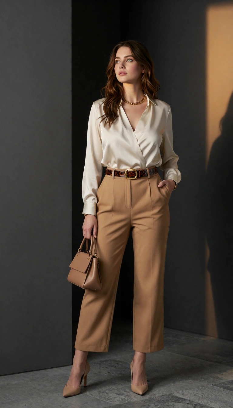 Outfit Battesimo Donna: 10 Look Eleganti e Idee di Stile 1 Outfit battesimo donna elegante con pantalone beige a vita alta, camicia in seta color crema e décolleté nude