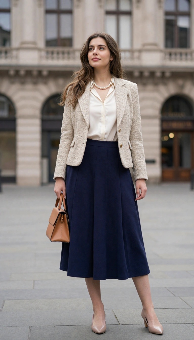 Outfit Battesimo Donna: 10 Look Eleganti e Idee di Stile 5 Outfit battesimo donna elegante con gonna midi blu, camicia chiara e blazer beige, look classico da cerimonia