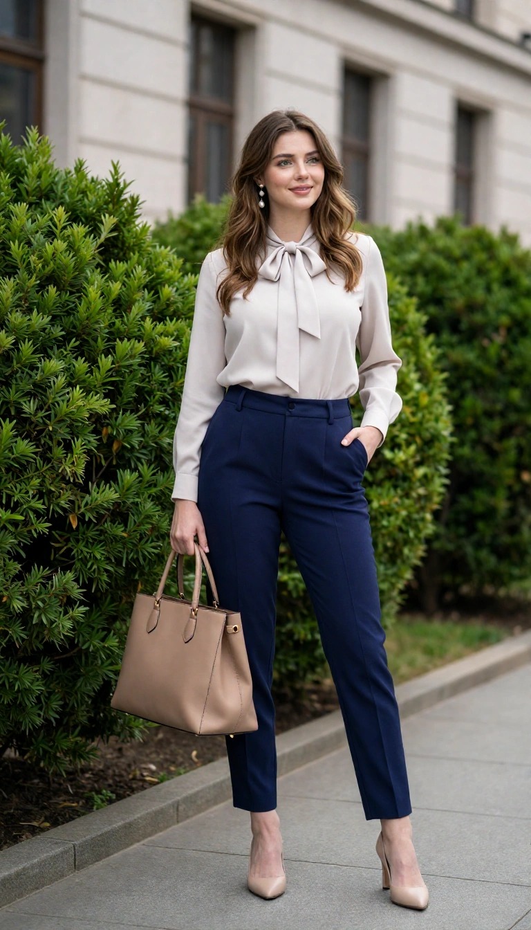 Outfit Battesimo Donna: 10 Look Eleganti e Idee di Stile 7 Outfit battesimo donna con pantalone blu elegante e camicia beige con fiocco, look raffinato e semplice da cerimonia