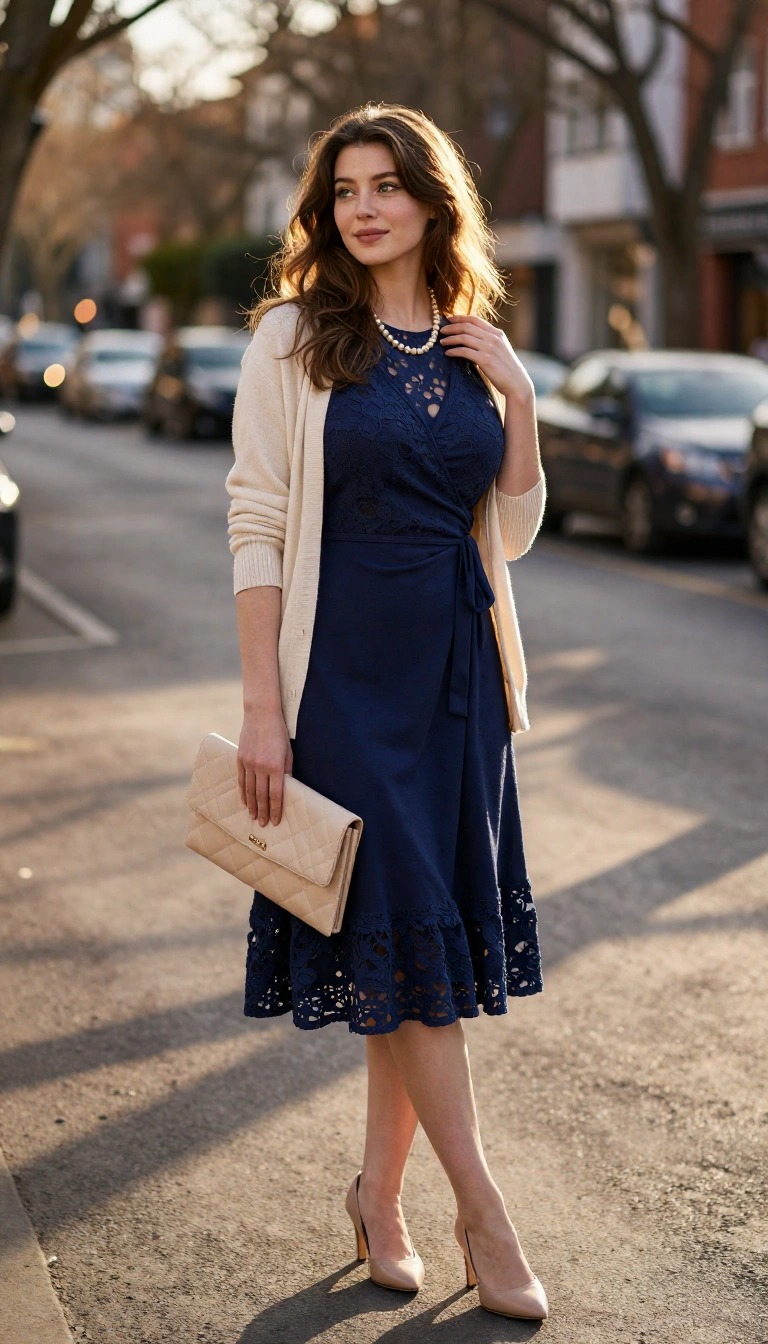 Outfit Battesimo Donna: 10 Look Eleganti e Idee di Stile 12 Outfit battesimo donna con vestito blu in pizzo e cardigan chiaro, look elegante e romantico per cerimonia