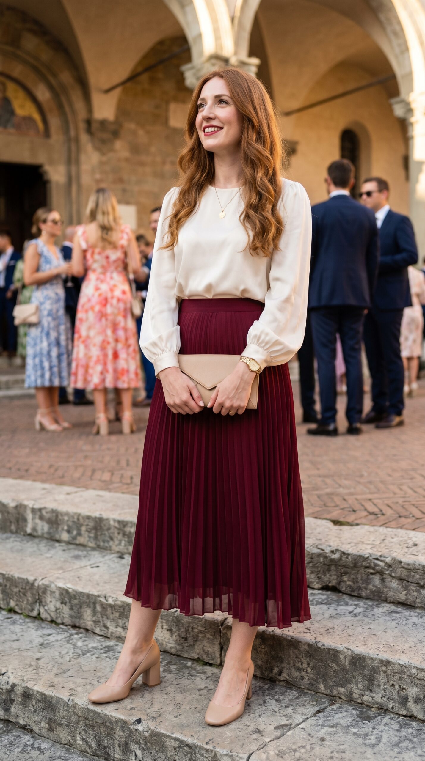 Outfit elegante da battesimo con gonna midi a pieghe color bordeaux e morbida blusa panna.