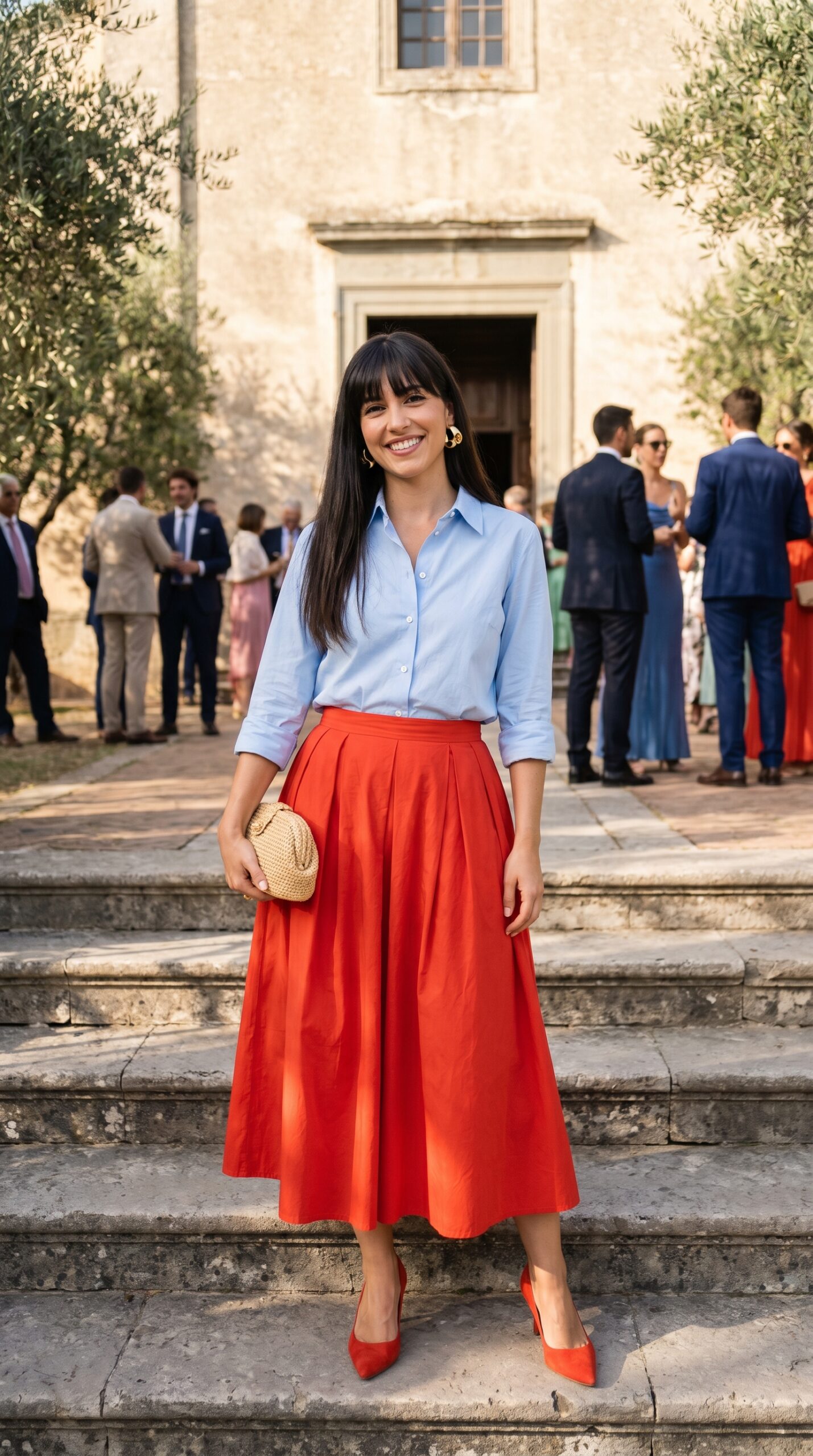 Invitata a un battesimo indossa una camicia azzurra infilata in una gonna midi a pieghe rossa, con pochette in paglia e scarpe col tacco rosse.