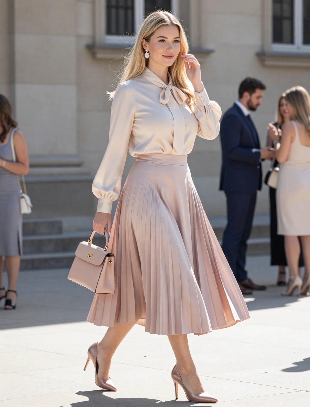 Outfit comunione donna con gonna plissé rosa cipria e camicia satin con fiocco, look bon ton per mamma